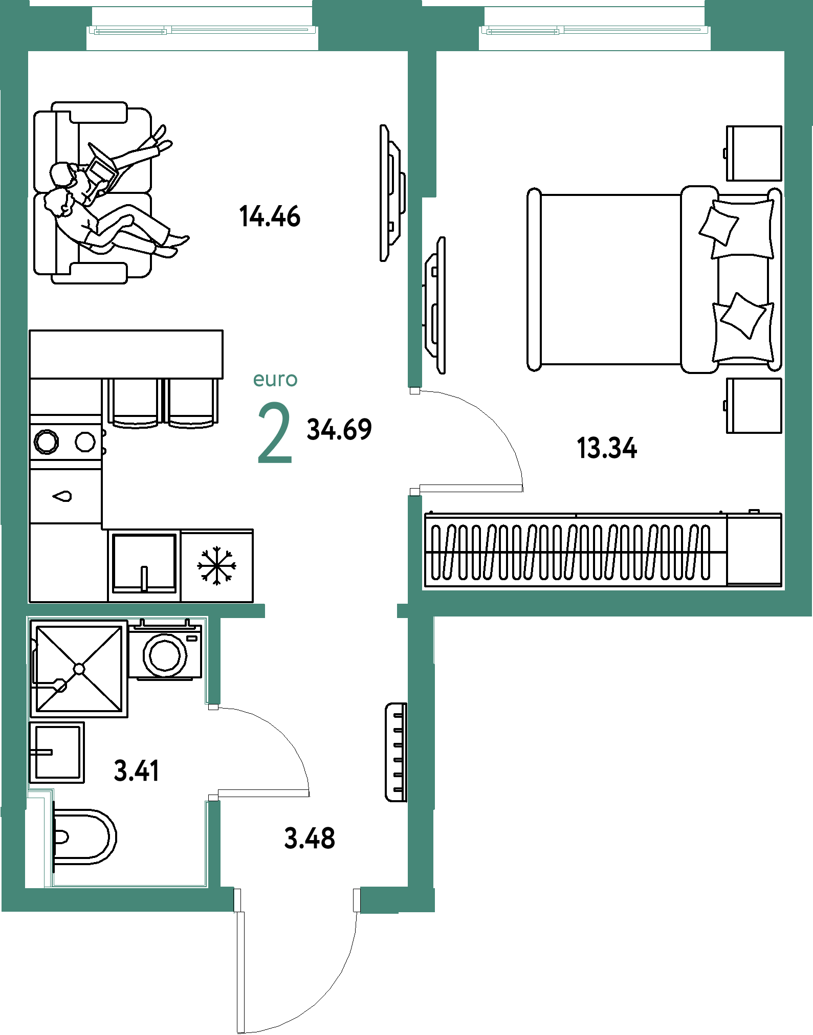 ЖК "Домашний"-2-комнатная 34.69 м²