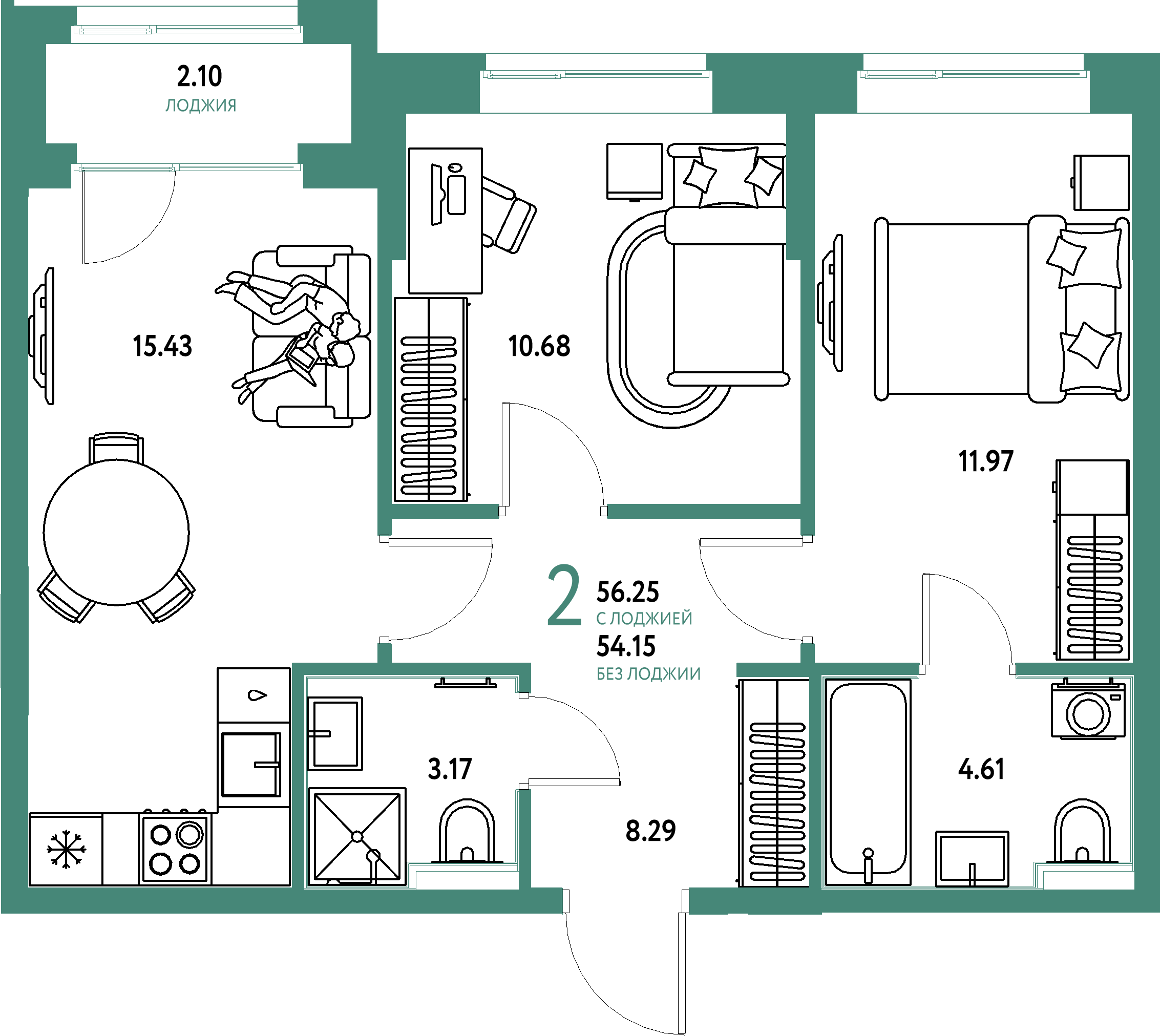 ЖК "Домашний"-2-комнатная 56.25 м²