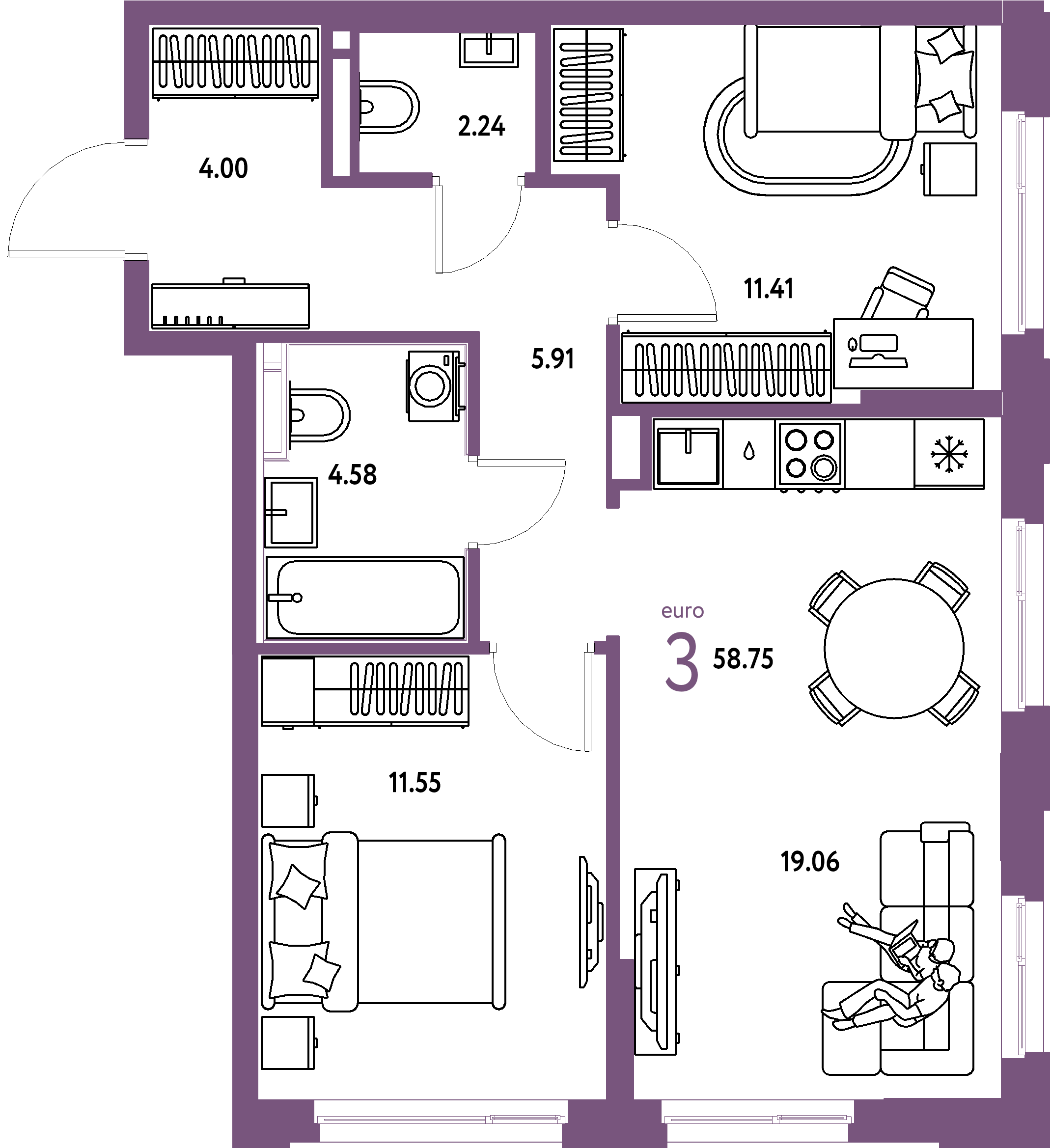ЖК "Домашний"-3-комнатная 58.75 м²