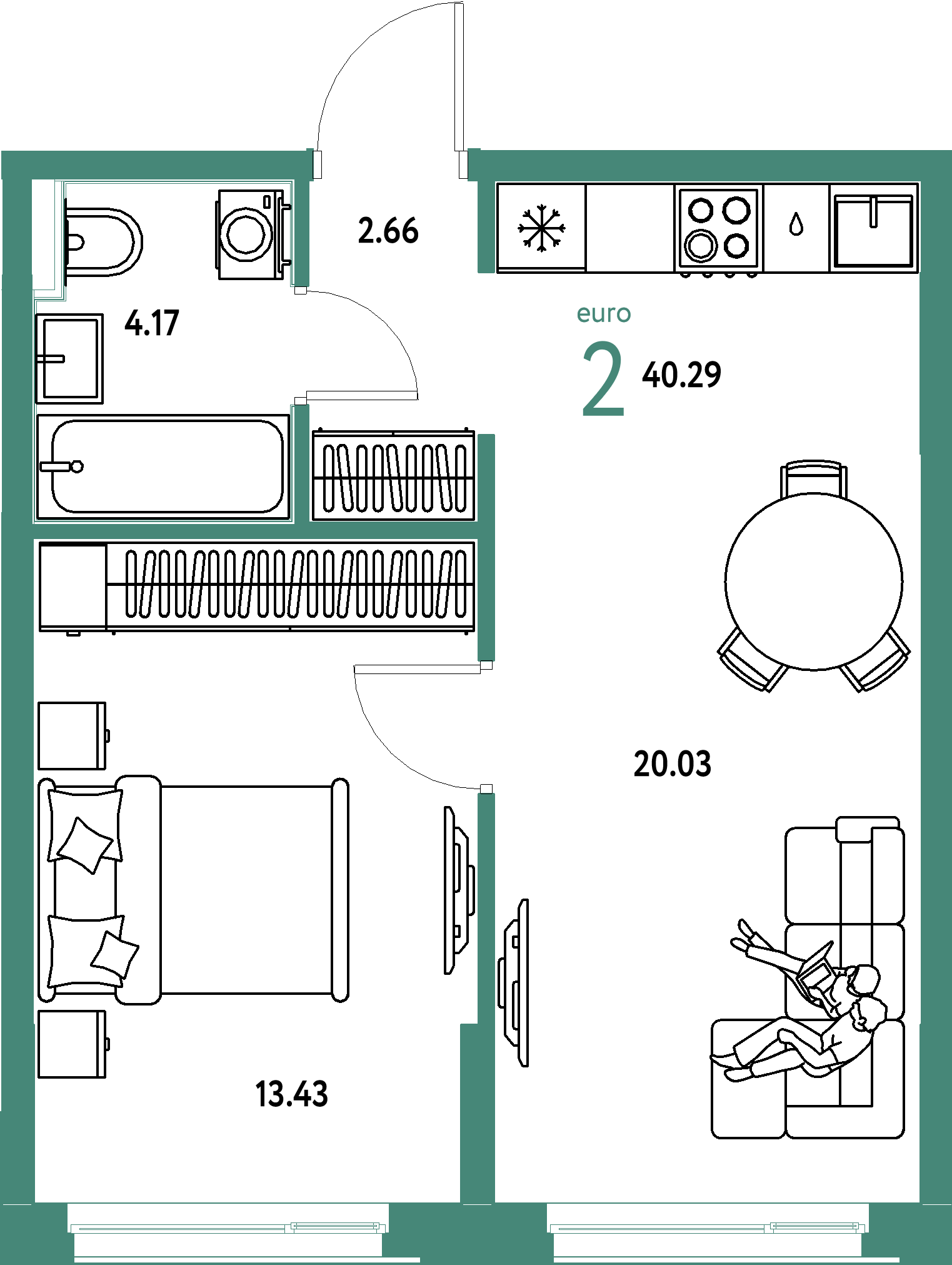 ЖК "Домашний"-2-комнатная 40.29 м²