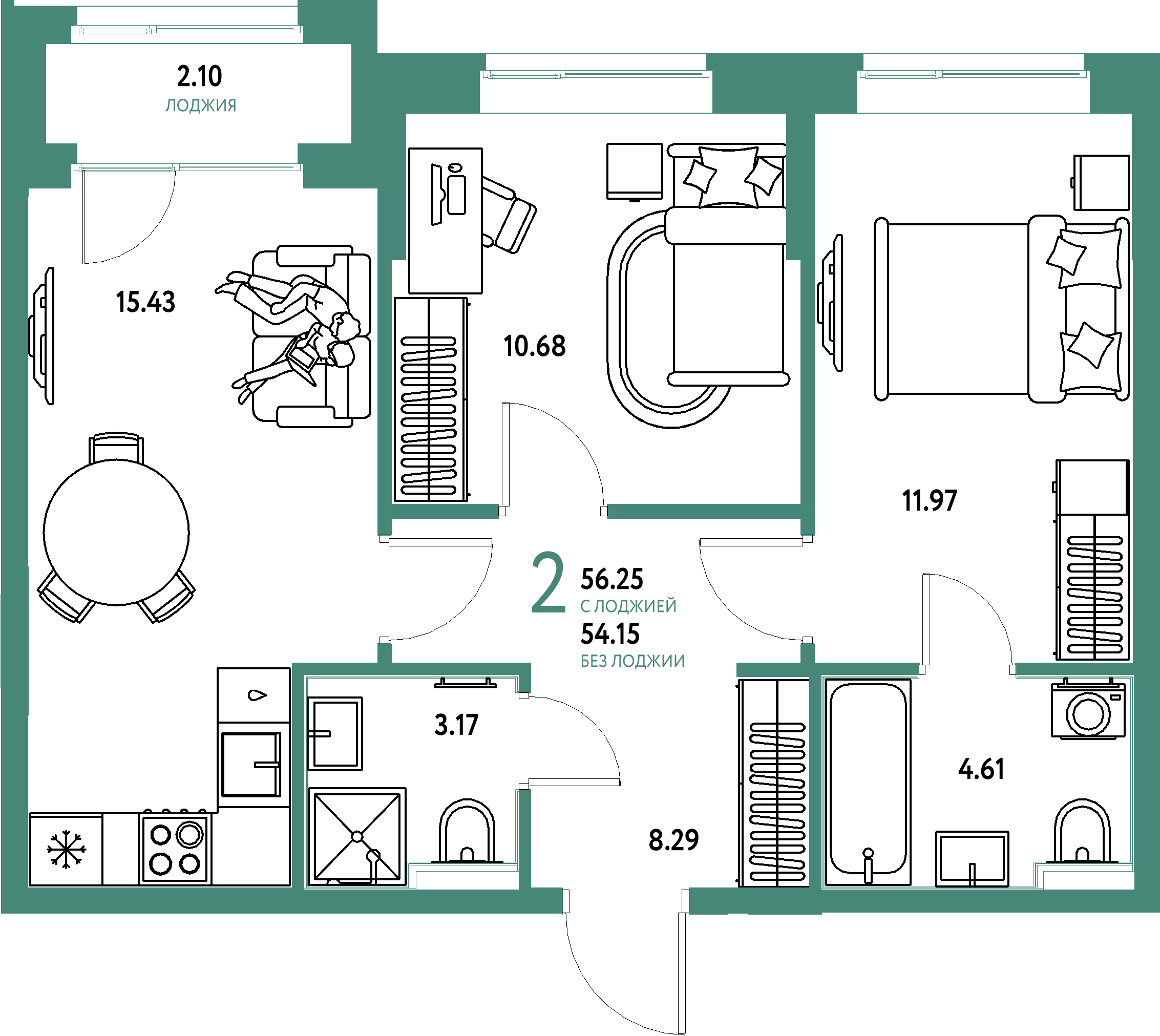 ЖК "Домашний"-2-комнатная 56.25 м²