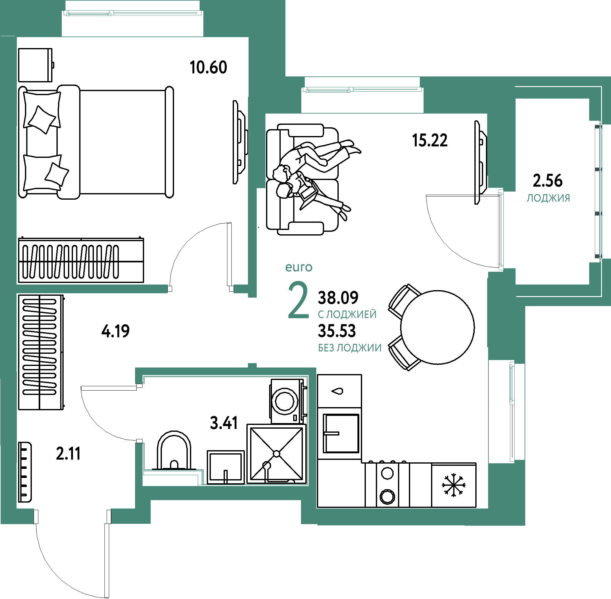 ЖК "Домашний"-2-комнатная 38.09 м²