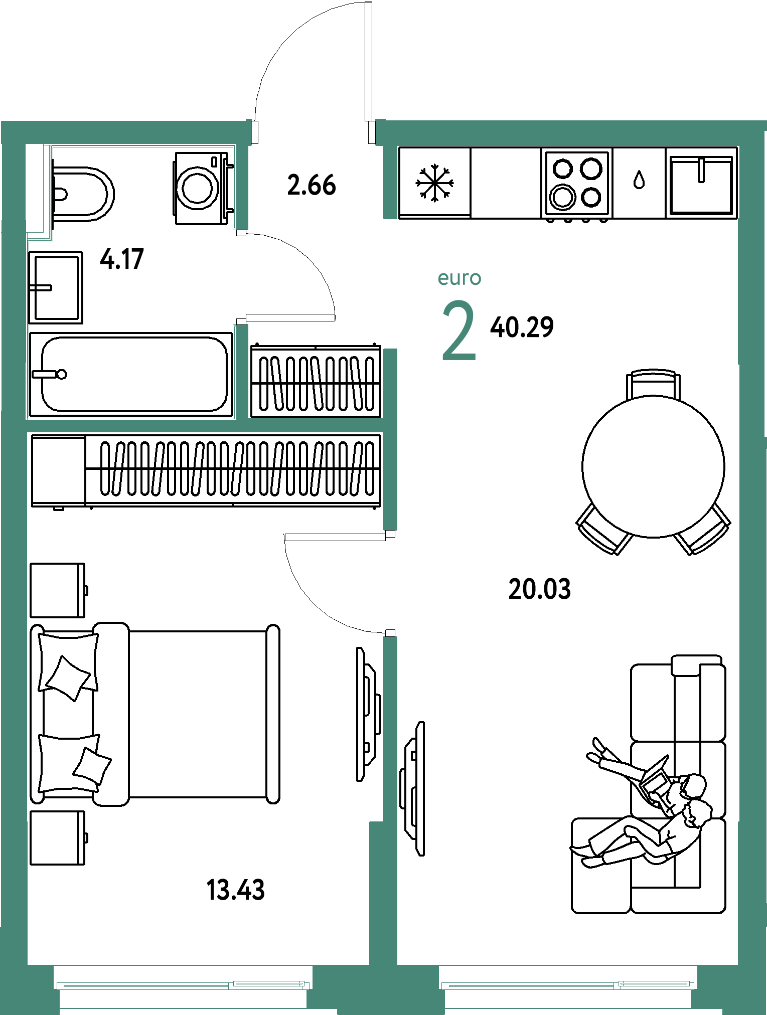 ЖК "Домашний"-2-комнатная 40.29 м²