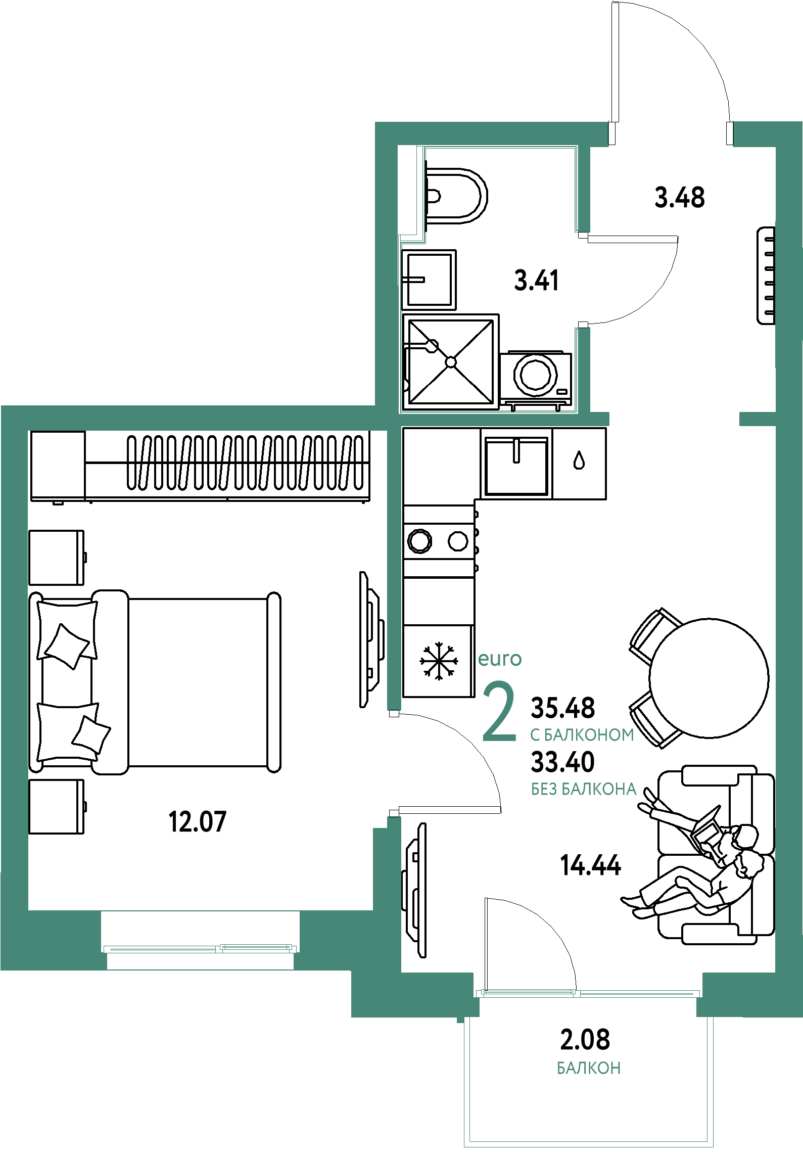 ЖК "Домашний"-2-комнатная 35.48 м²