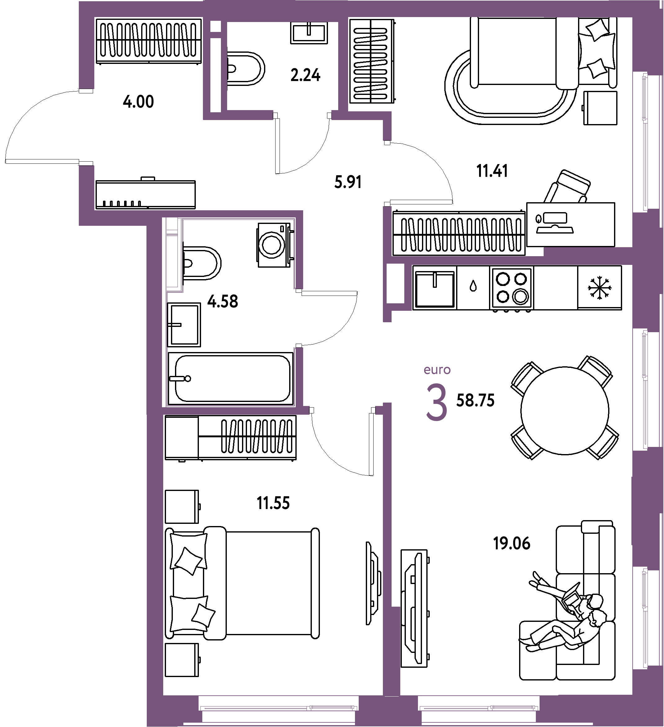 ЖК "Домашний"-3-комнатная 58.75 м²