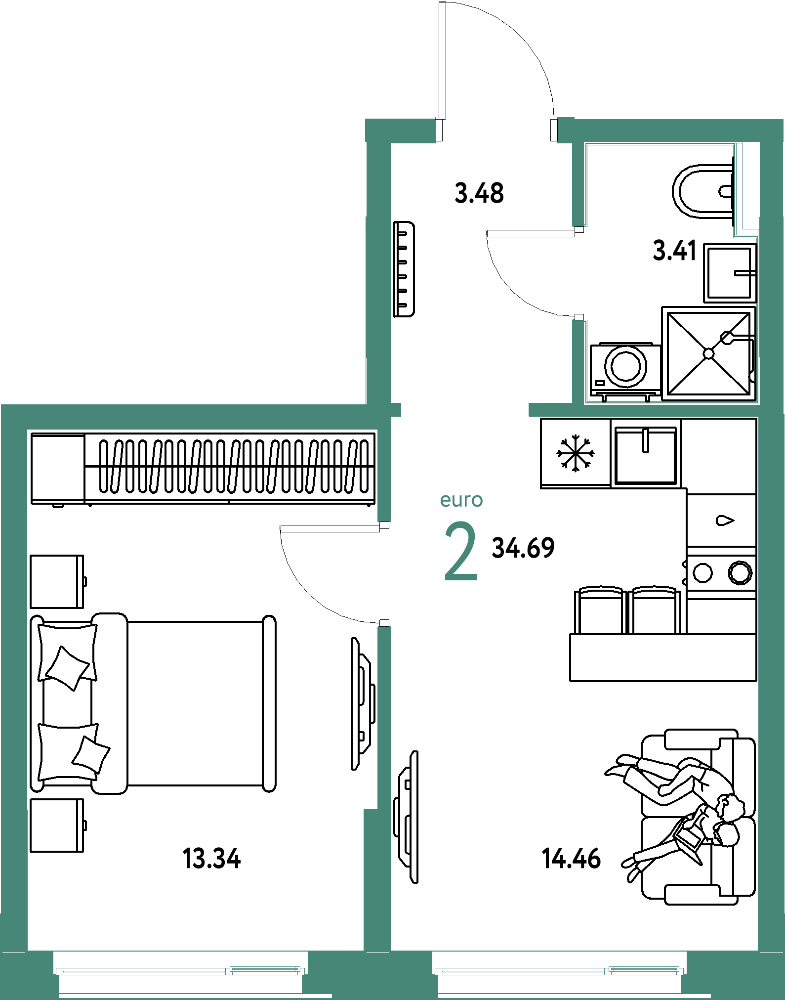 ЖК "Домашний"-2-комнатная 34.69 м²