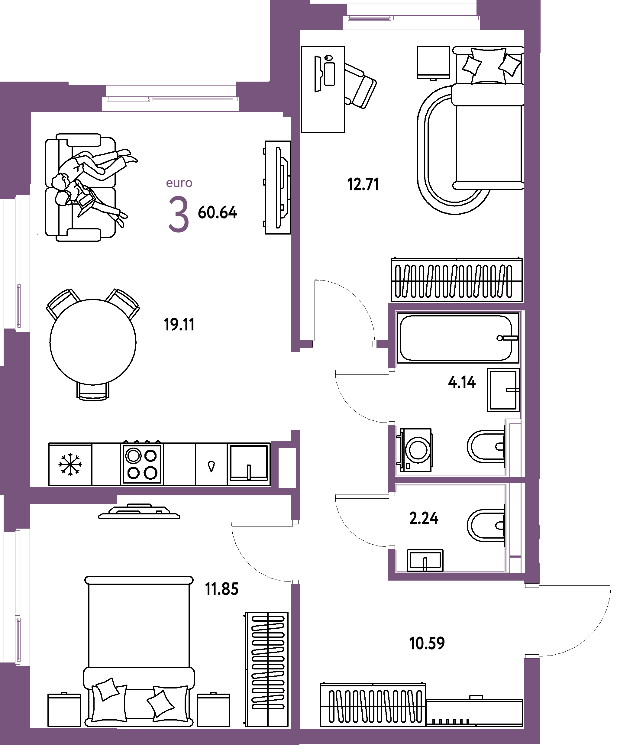 ЖК "Домашний"-3-комнатная 60.64 м²