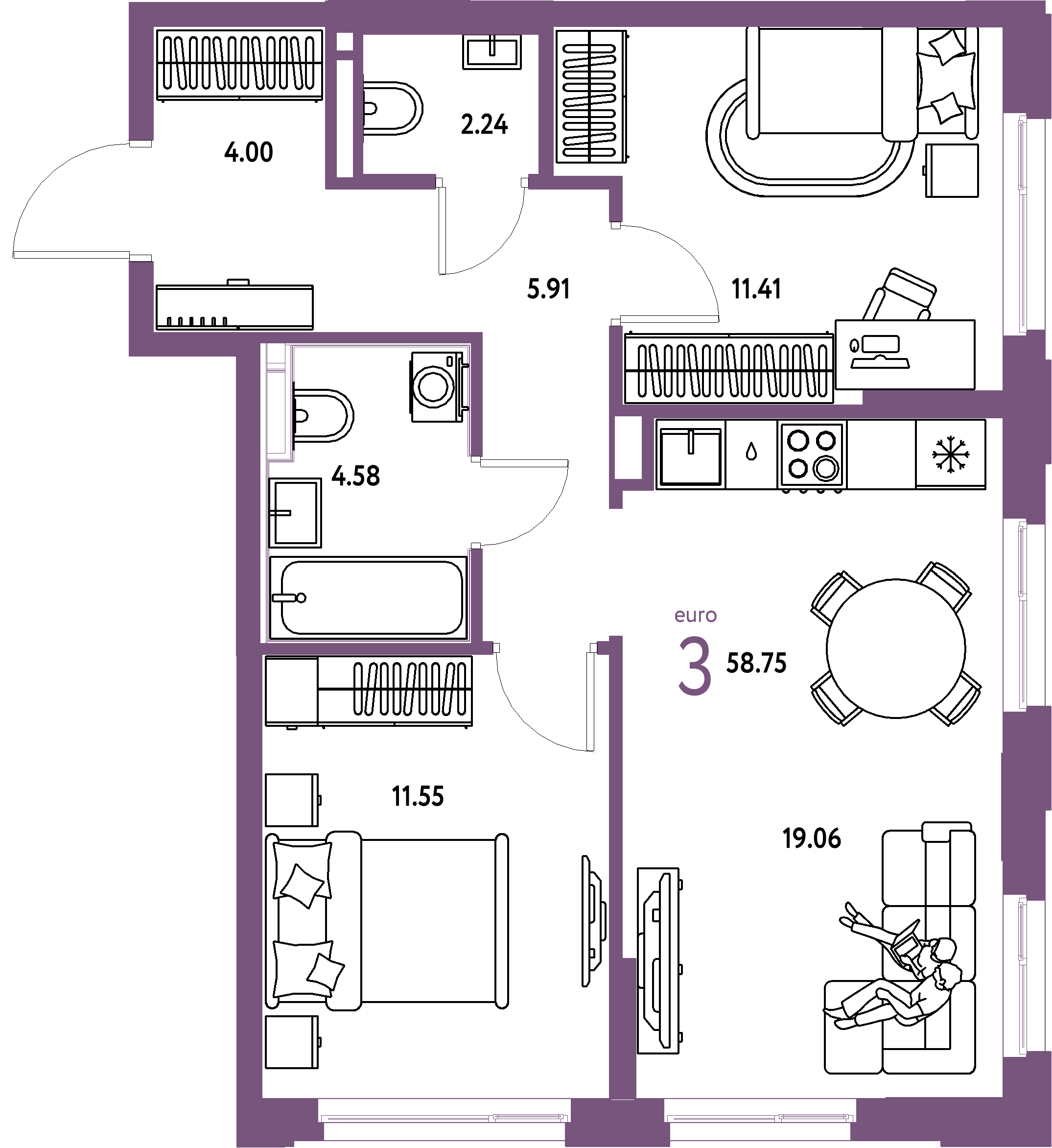 ЖК "Домашний"-3-комнатная 58.75 м²