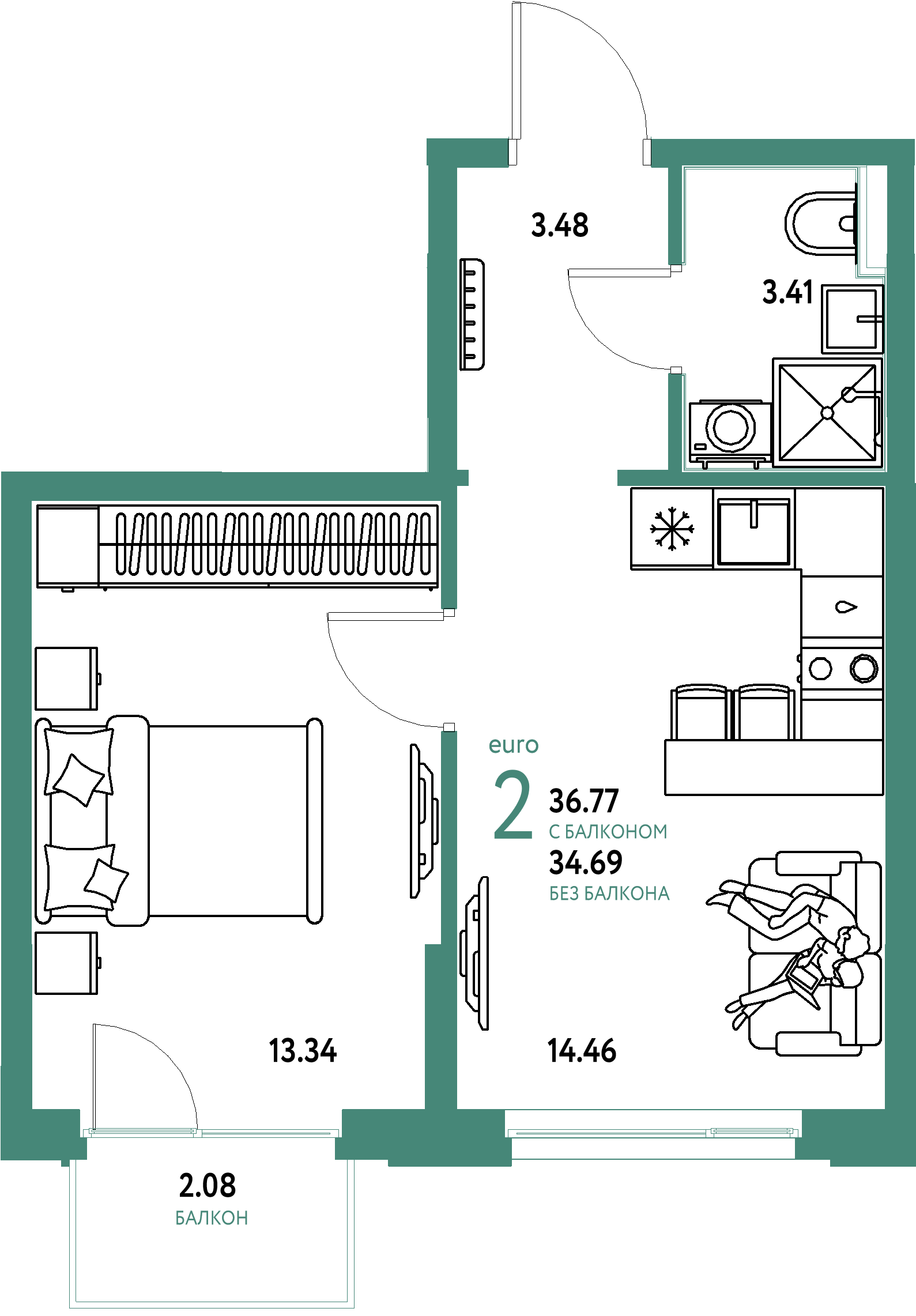 ЖК "Домашний"-2-комнатная 36.77 м²