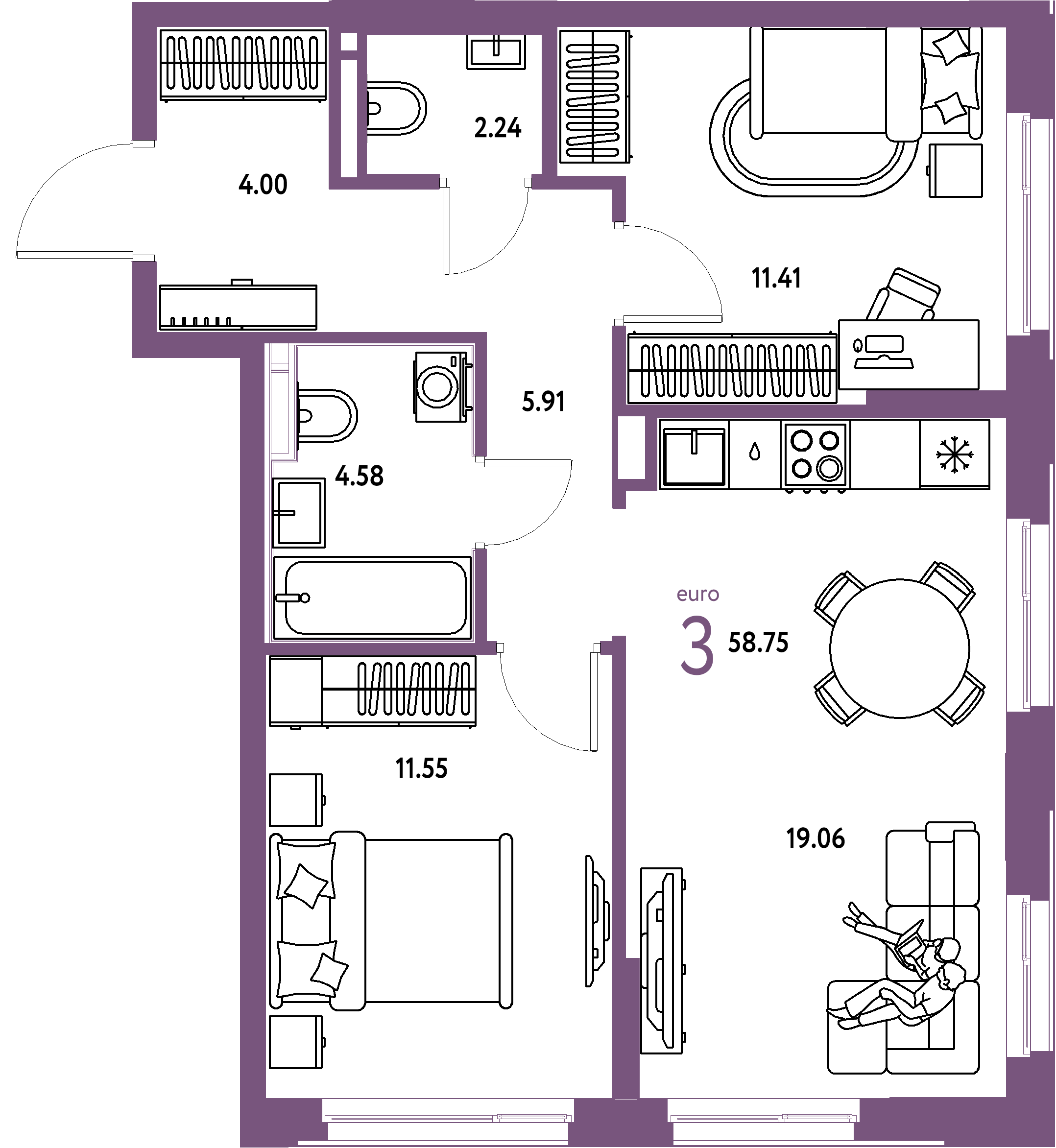 ЖК "Домашний"-3-комнатная 58.75 м²