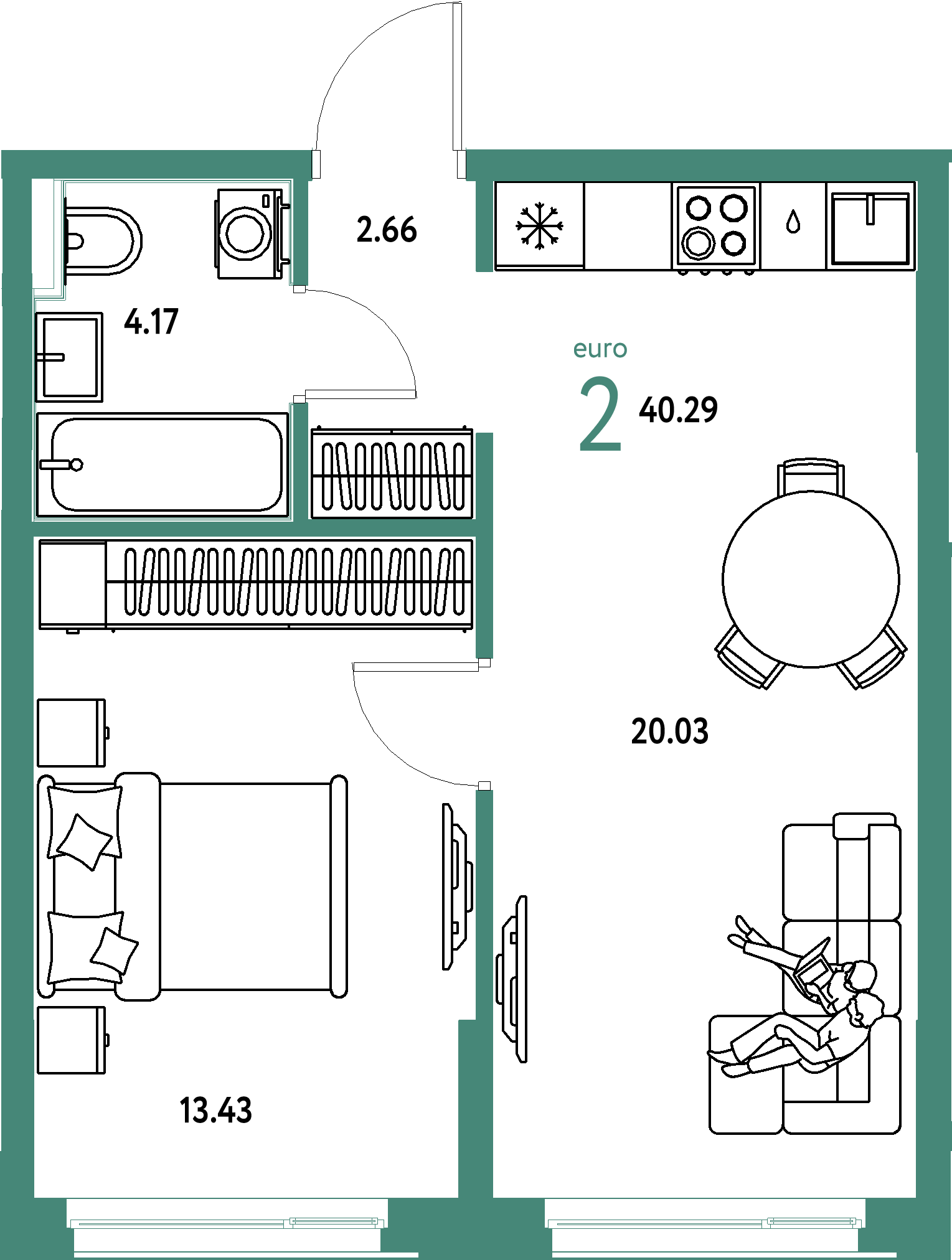 ЖК "Домашний"-2-комнатная 40.29 м²