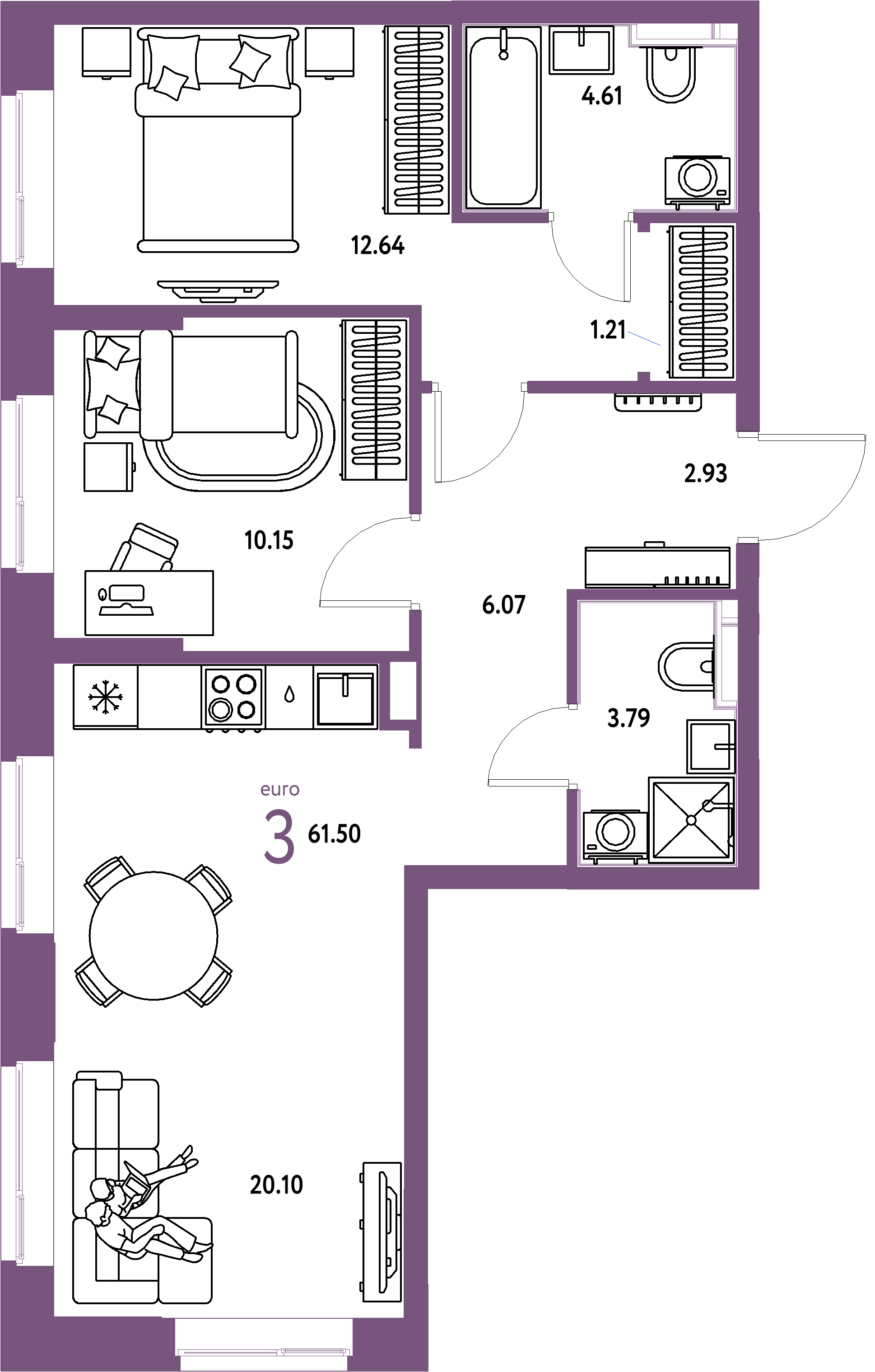 ЖК "Домашний"-3-комнатная 61.5 м²