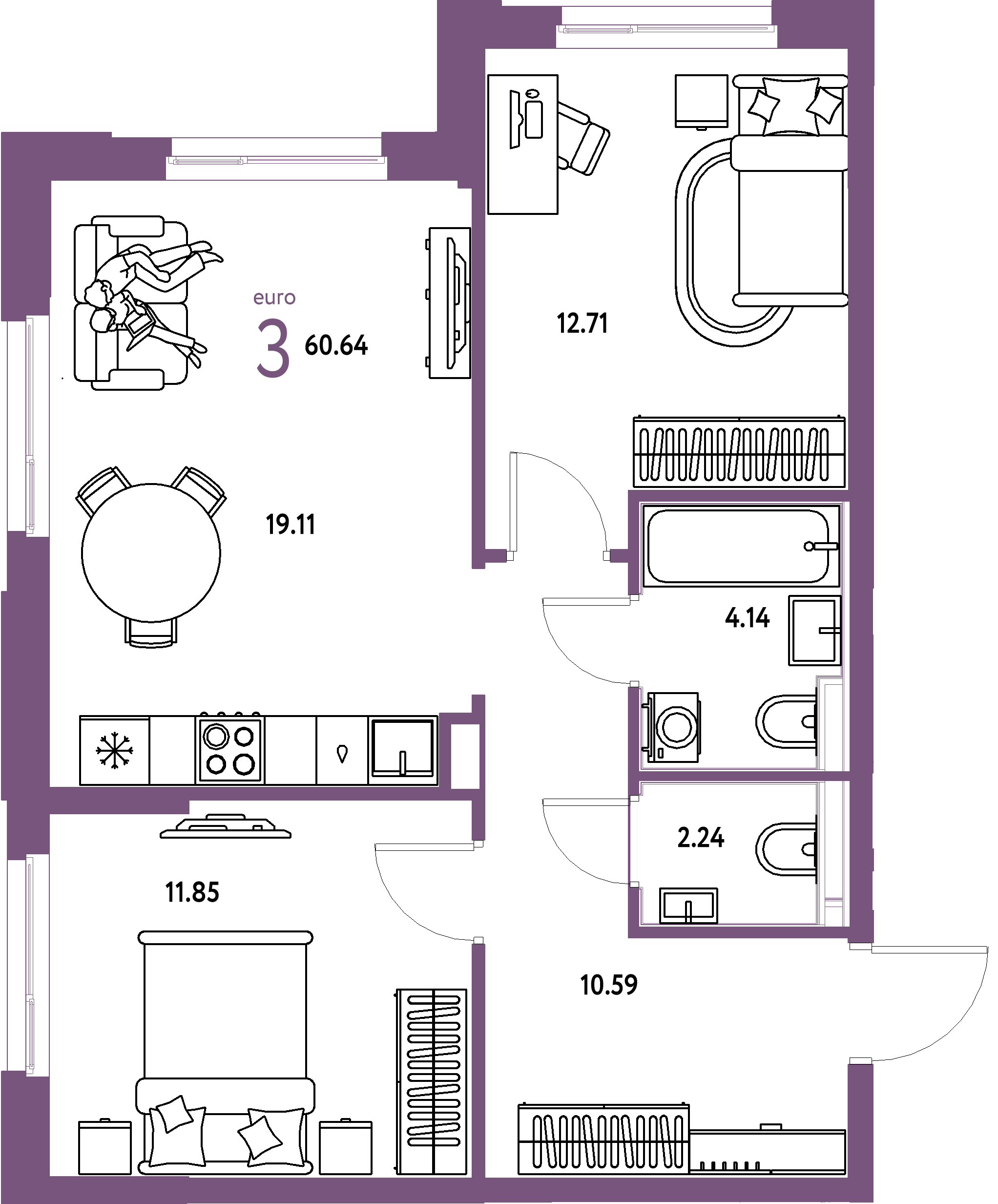 ЖК "Домашний"-3-комнатная 60.64 м²