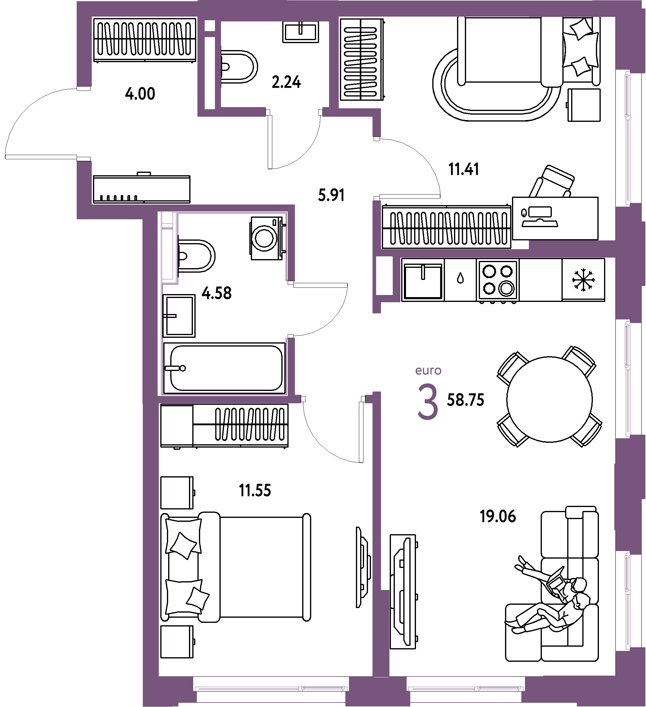 ЖК "Домашний"-3-комнатная 58.75 м²