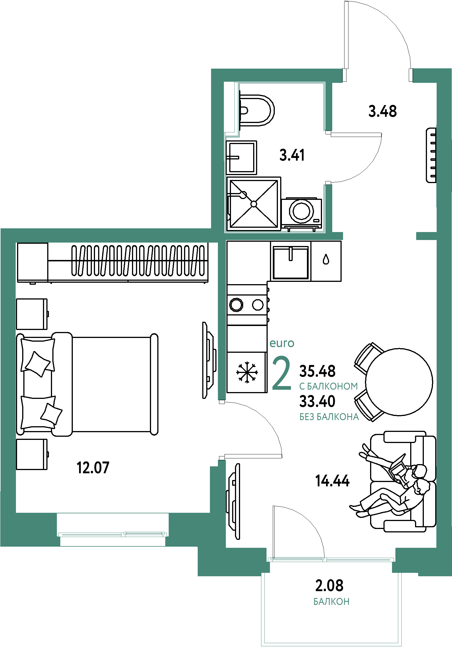 ЖК "Домашний"-2-комнатная 35.48 м²