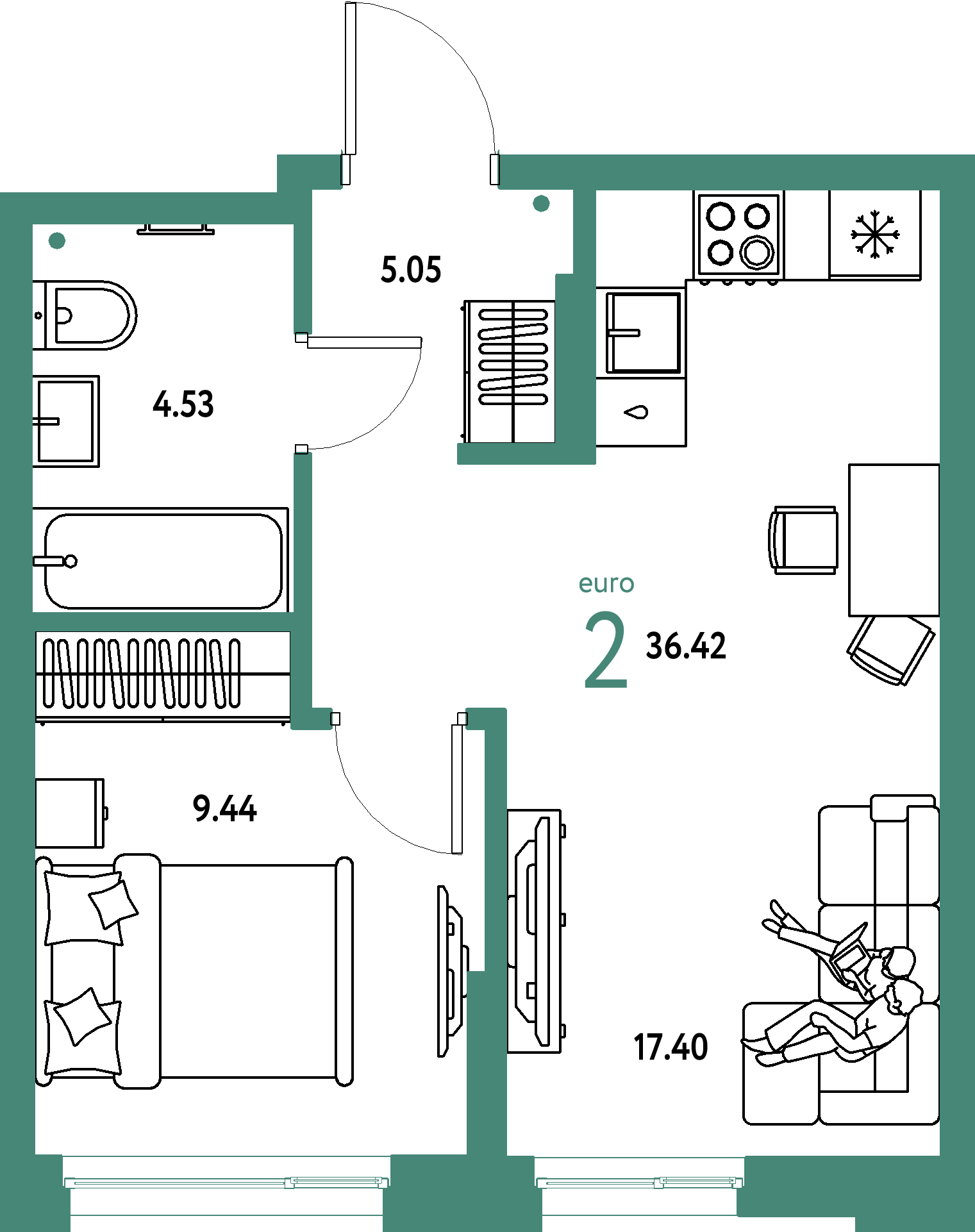 ЖК "Домашний"-2-комнатная 36.42 м²
