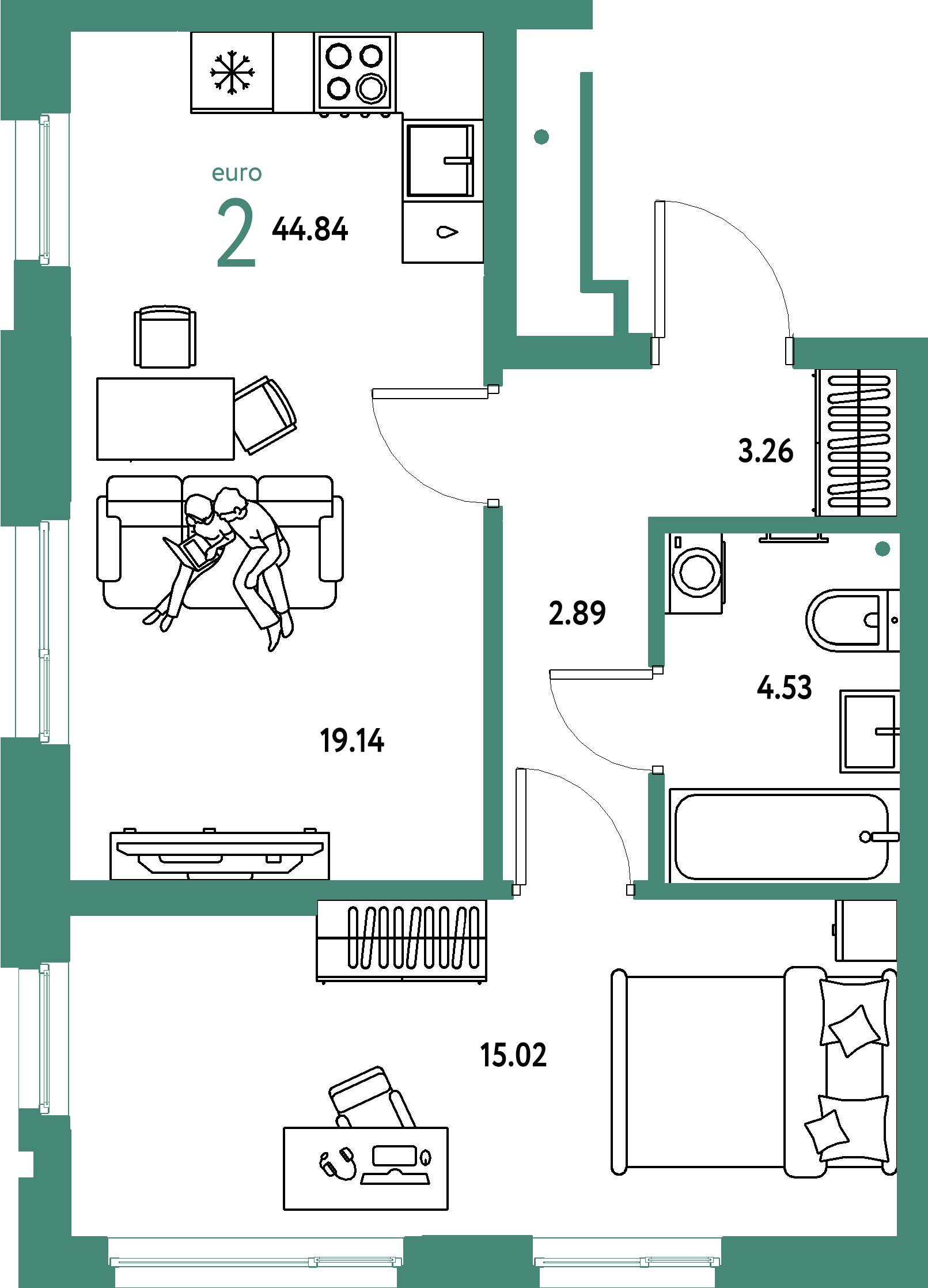 ЖК "Домашний"-2-комнатная 44.84 м²