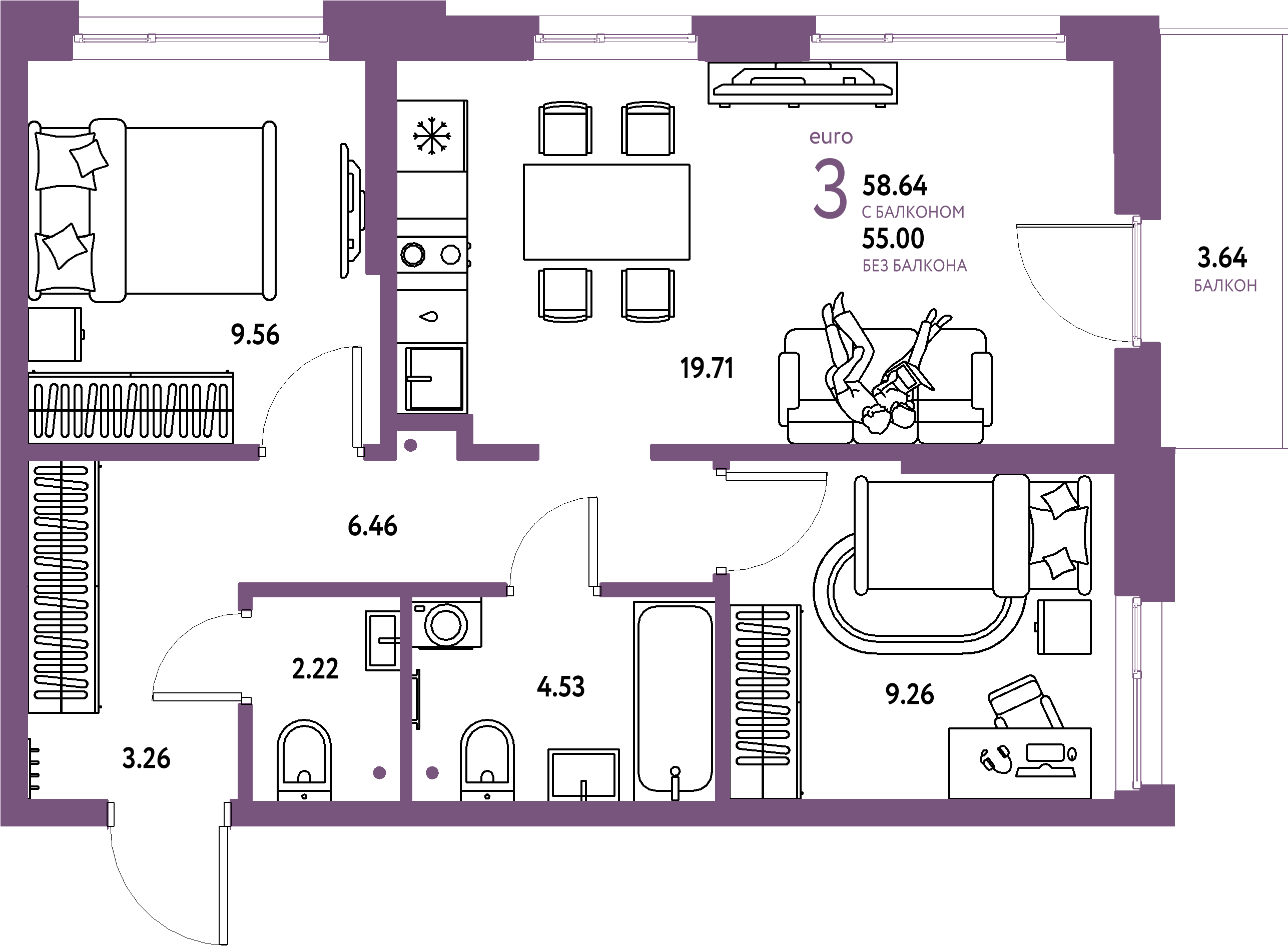 Купить 3-комнатную квартиру 58.64м², этаж №2 кв №7 в ЖК 