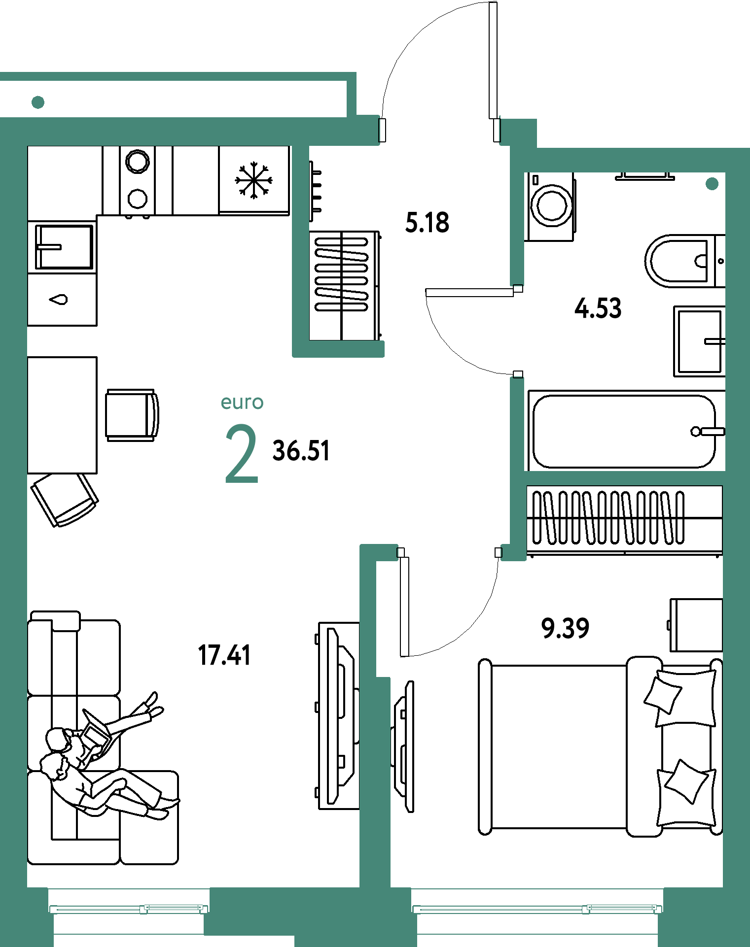 ЖК "Домашний"-2-комнатная 36.51 м²