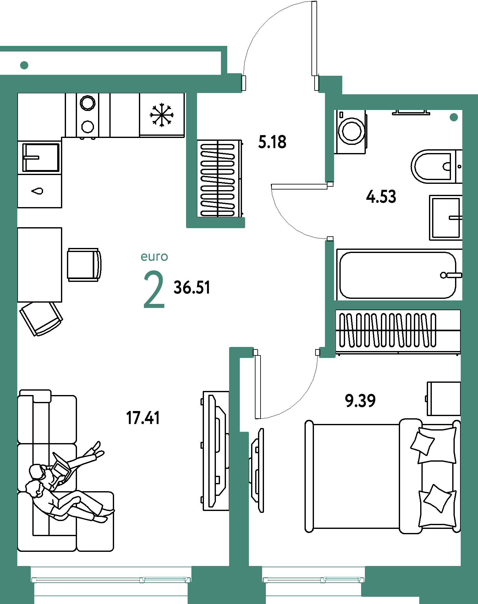 ЖК "Домашний"-2-комнатная 36.51 м²