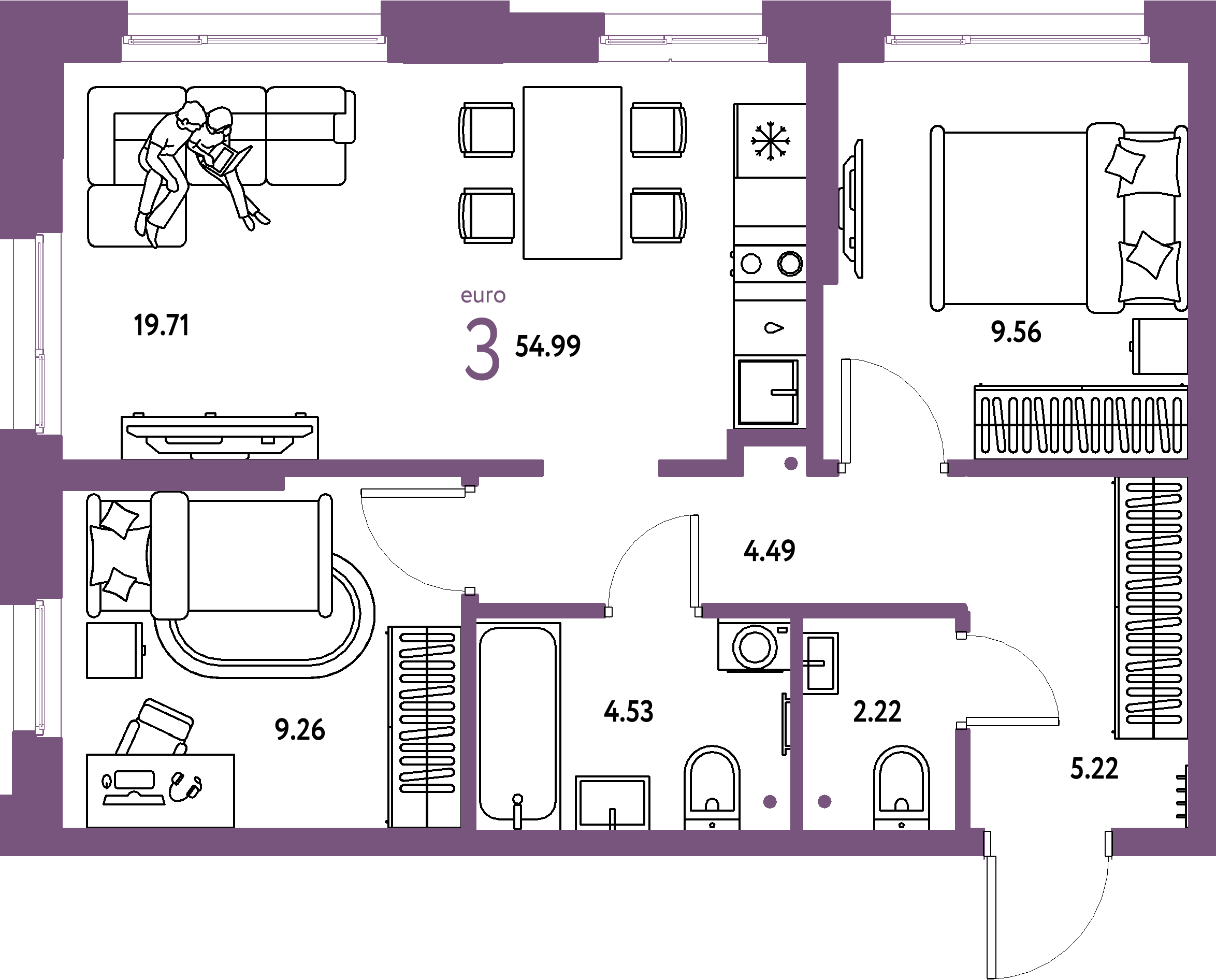 ЖК "Домашний"-3-комнатная 54.99 м²
