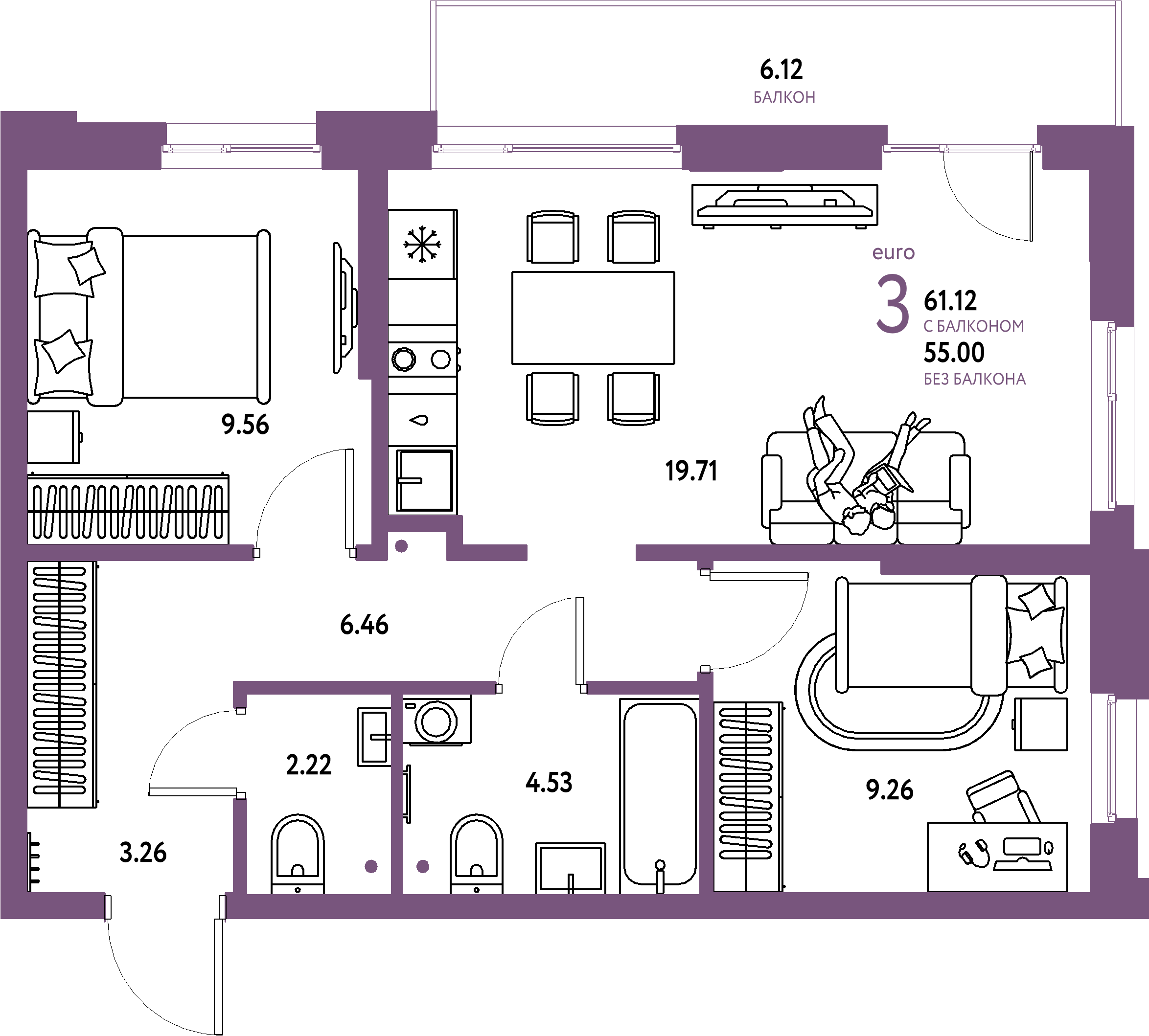 ЖК "Домашний"-3-комнатная 61.12 м²