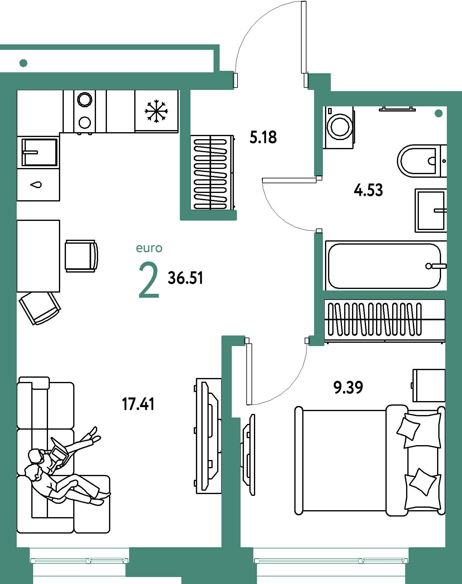 ЖК "Домашний"-2-комнатная 36.51 м²