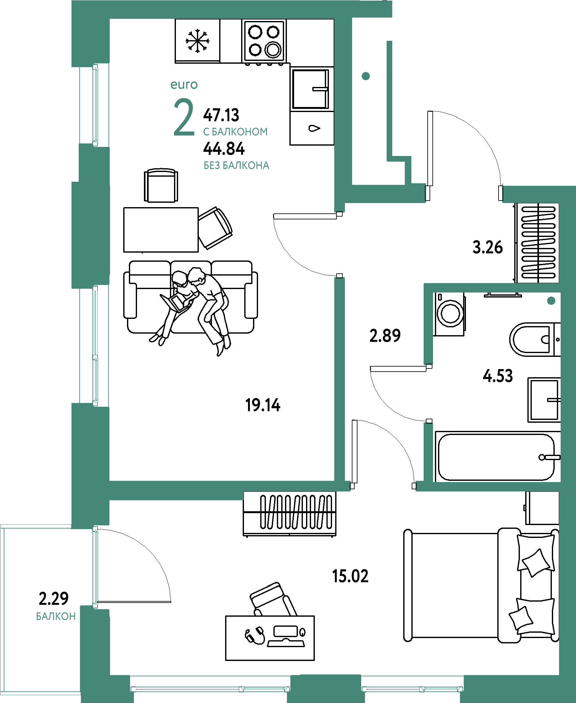 ЖК "Домашний"-2-комнатная 47.13 м²