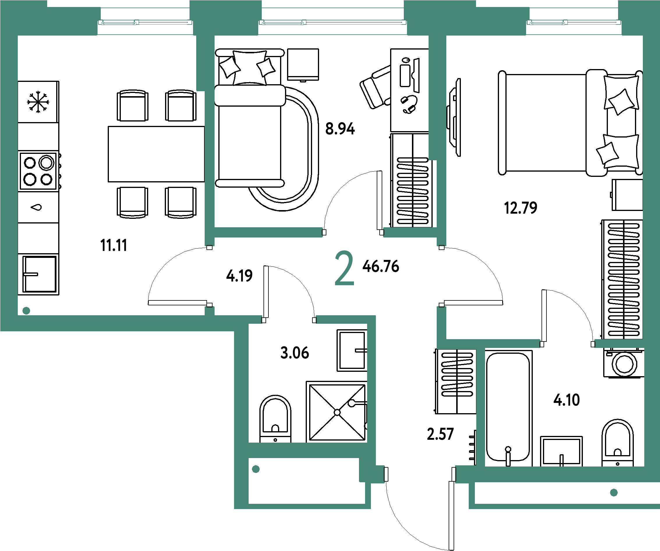 ЖК "Домашний"-2-комнатная 46.76 м²