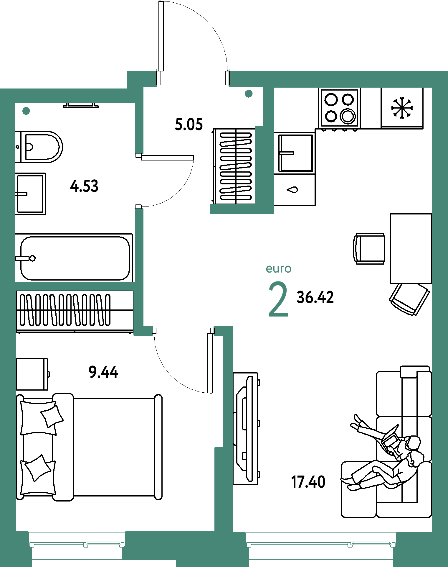 ЖК "Домашний"-2-комнатная 36.42 м²