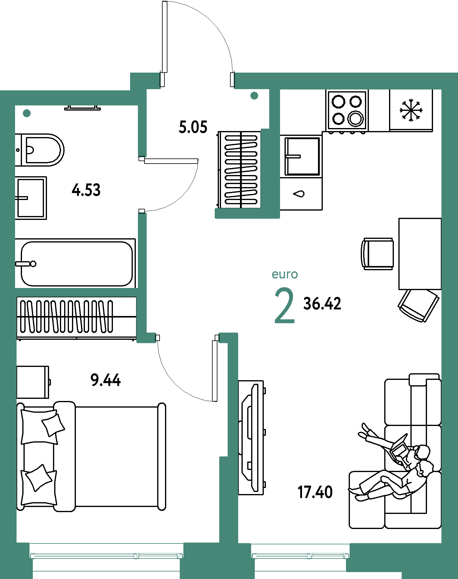 ЖК "Домашний"-2-комнатная 36.42 м²