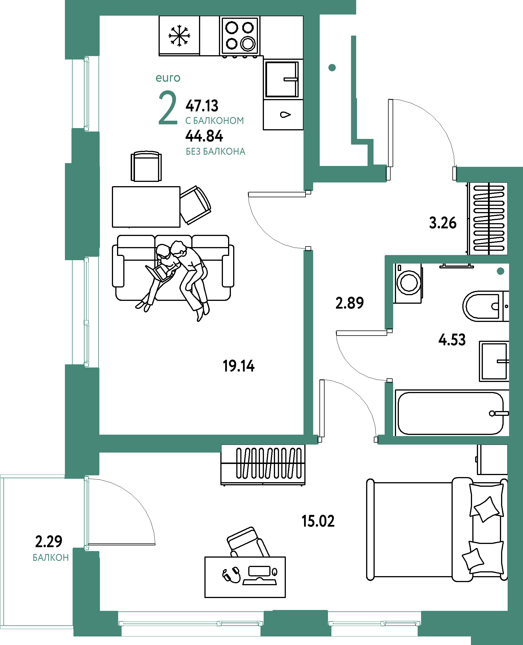 ЖК "Домашний"-2-комнатная 47.13 м²