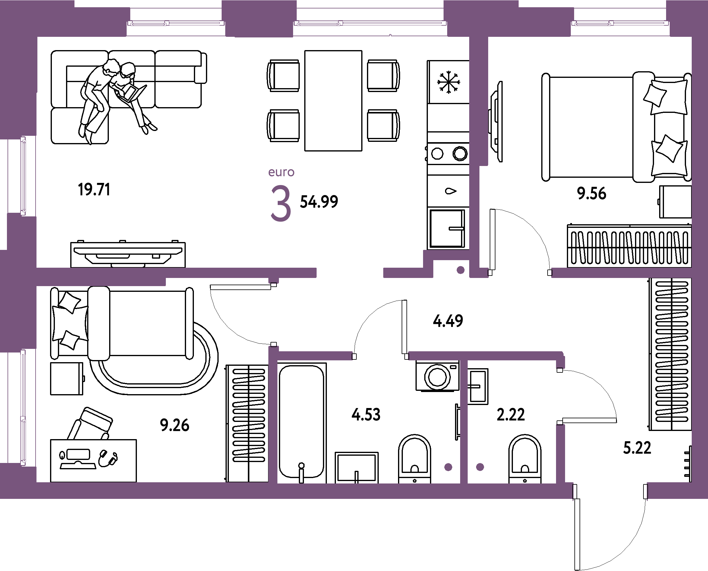 ЖК "Домашний"-3-комнатная 54.99 м²