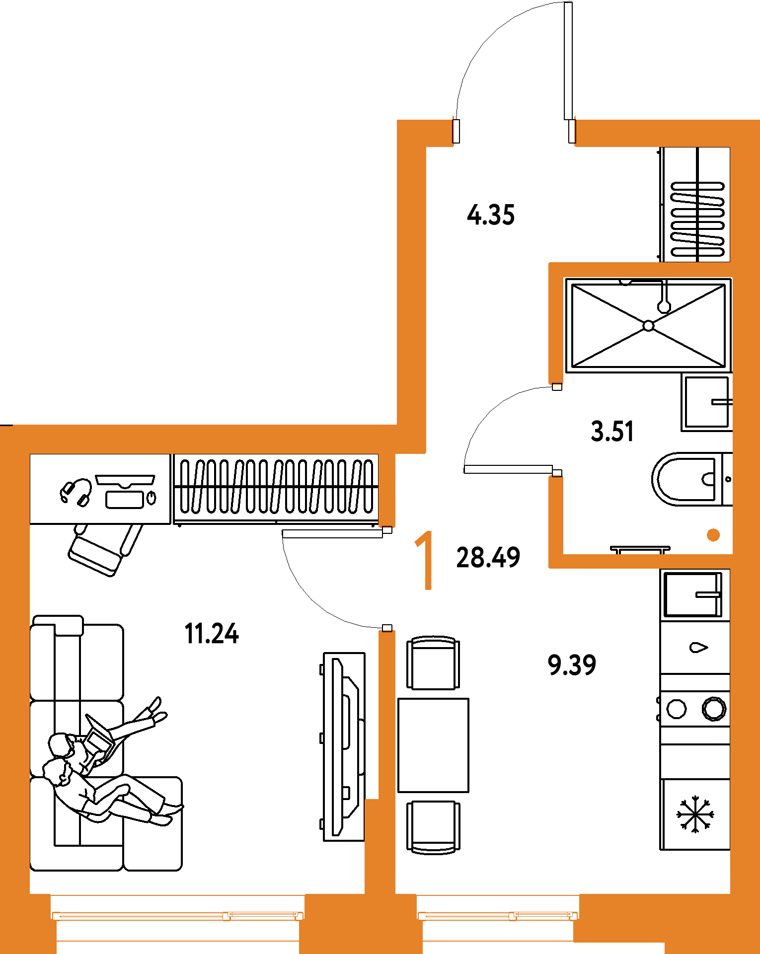 ЖК "Домашний"-1-комнатная 28.49 м²