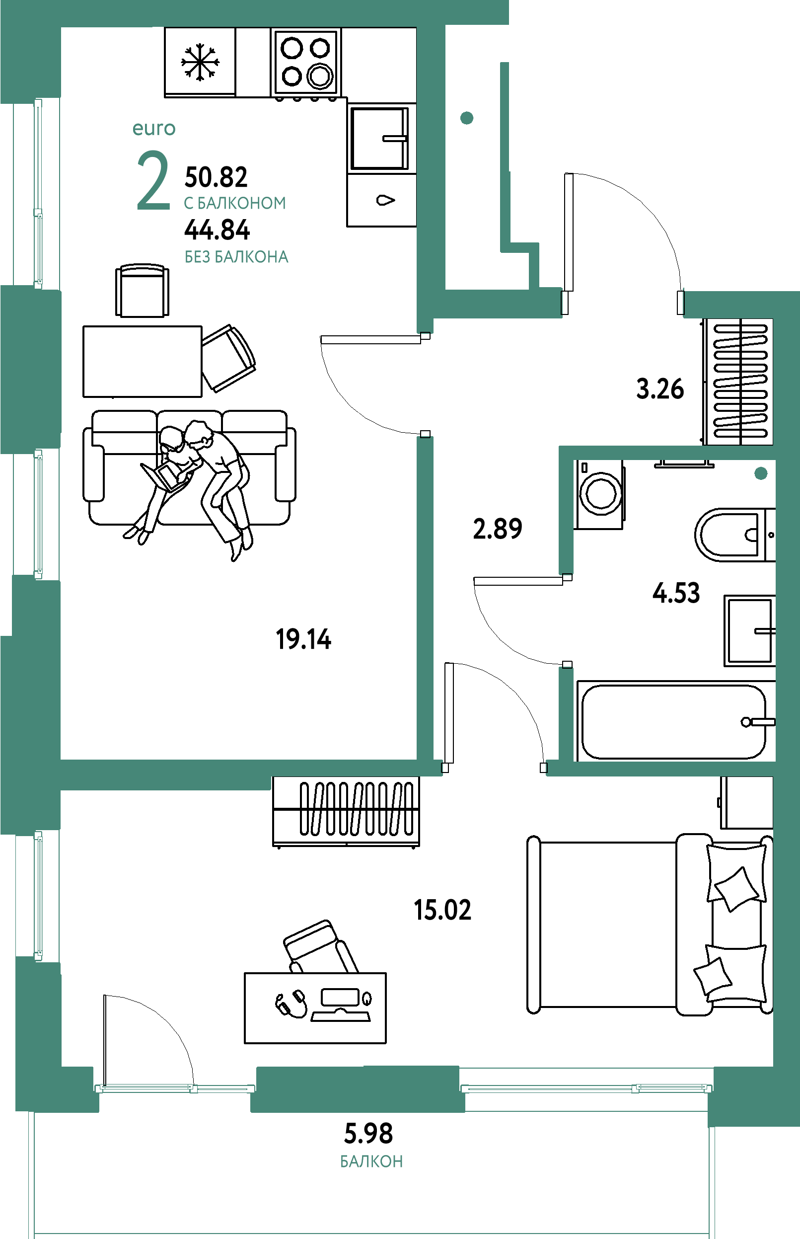 ЖК "Домашний"-2-комнатная 50.82 м²