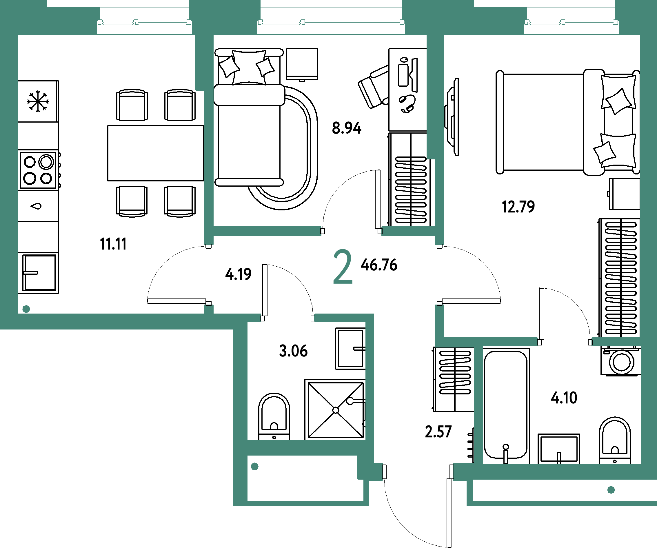 ЖК "Домашний"-2-комнатная 46.76 м²