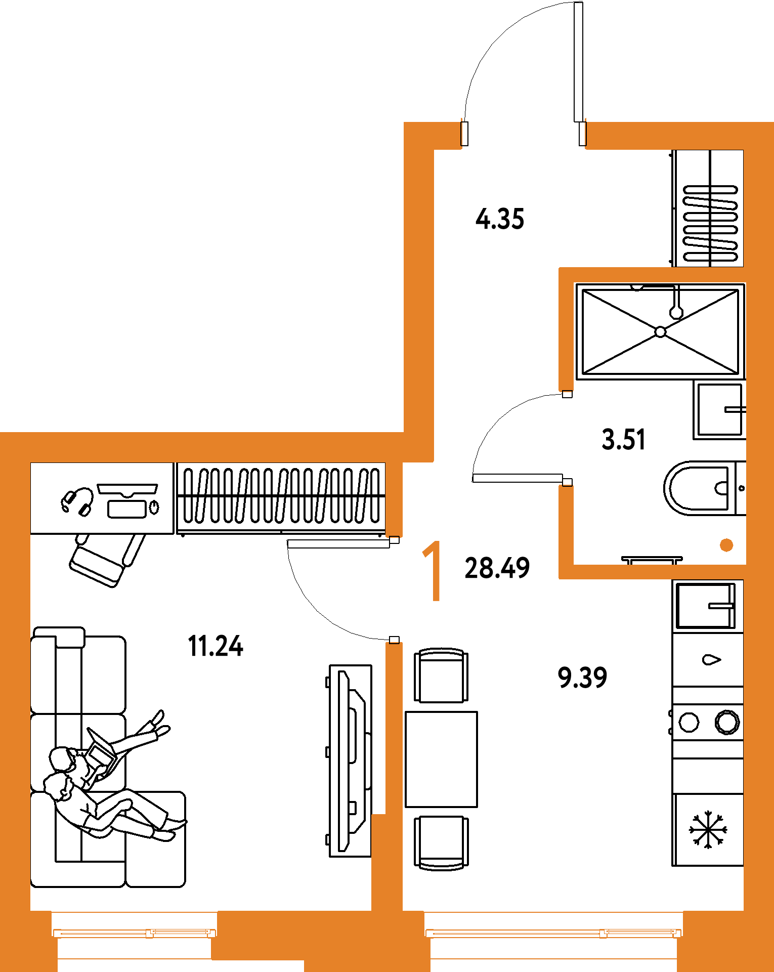 Купить 1-комнатную квартиру 28.49м², этаж №11 кв №100 в ЖК 