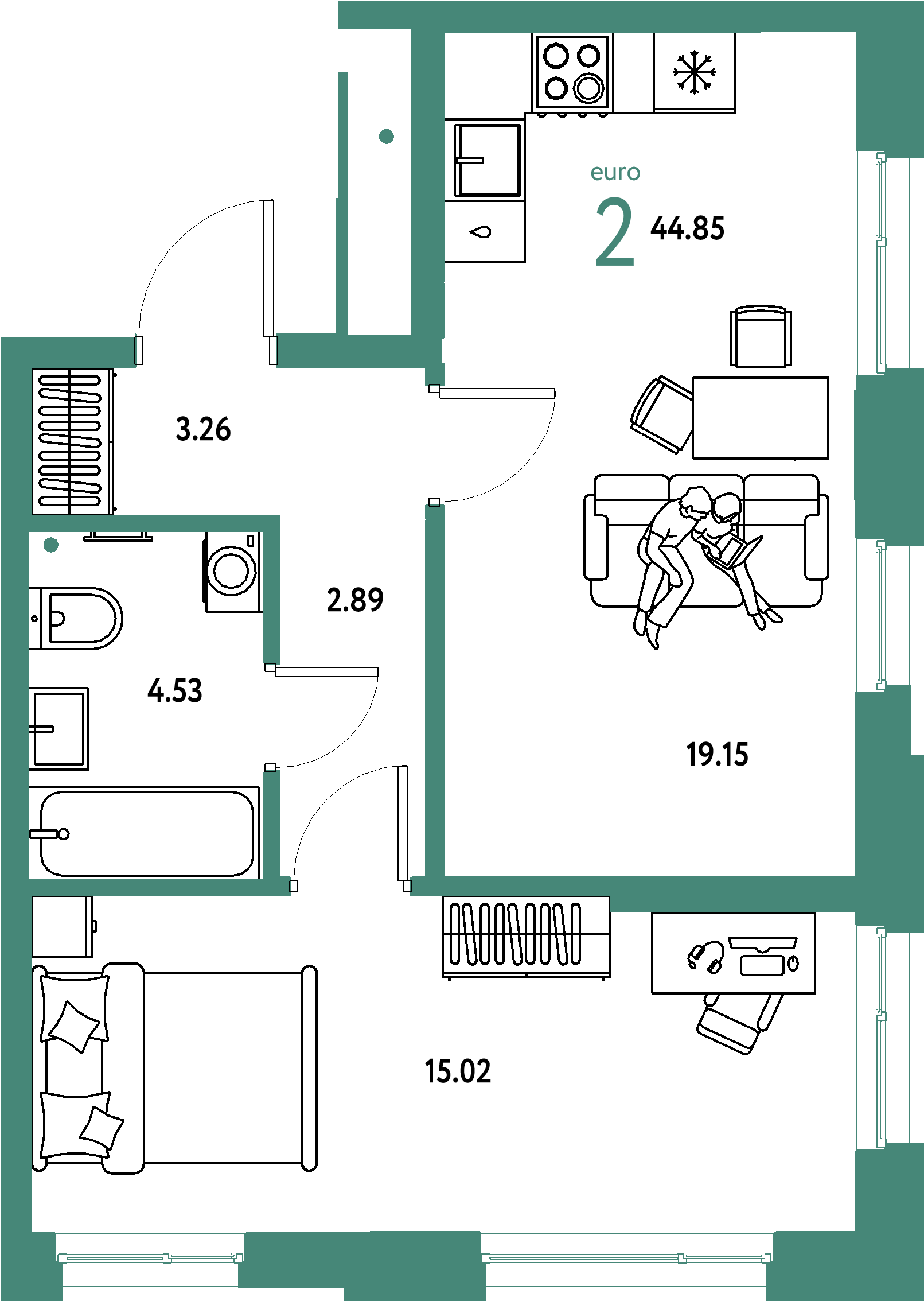 ЖК "Домашний"-2-комнатная 44.85 м²