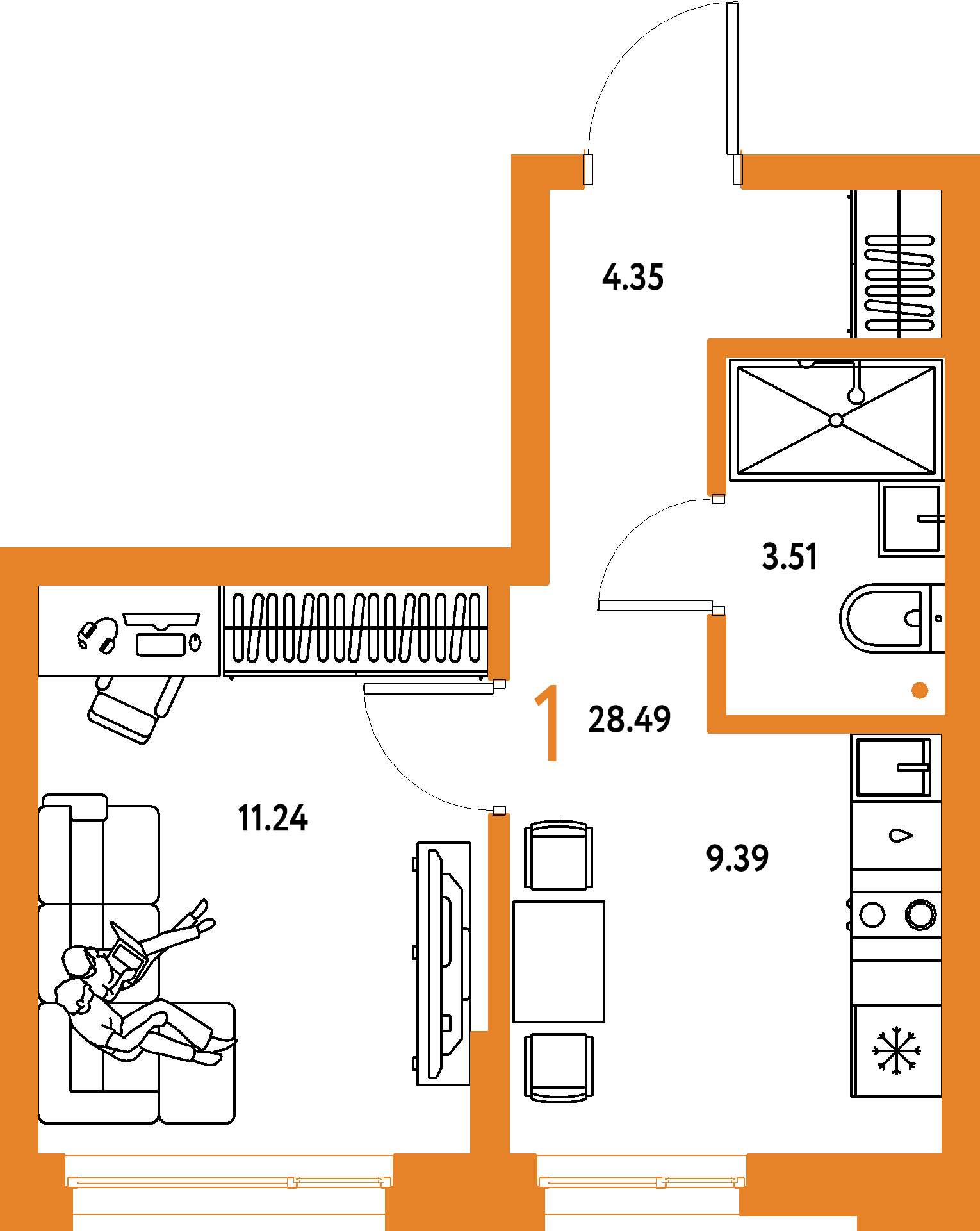 ЖК "Домашний"-1-комнатная 28.49 м²