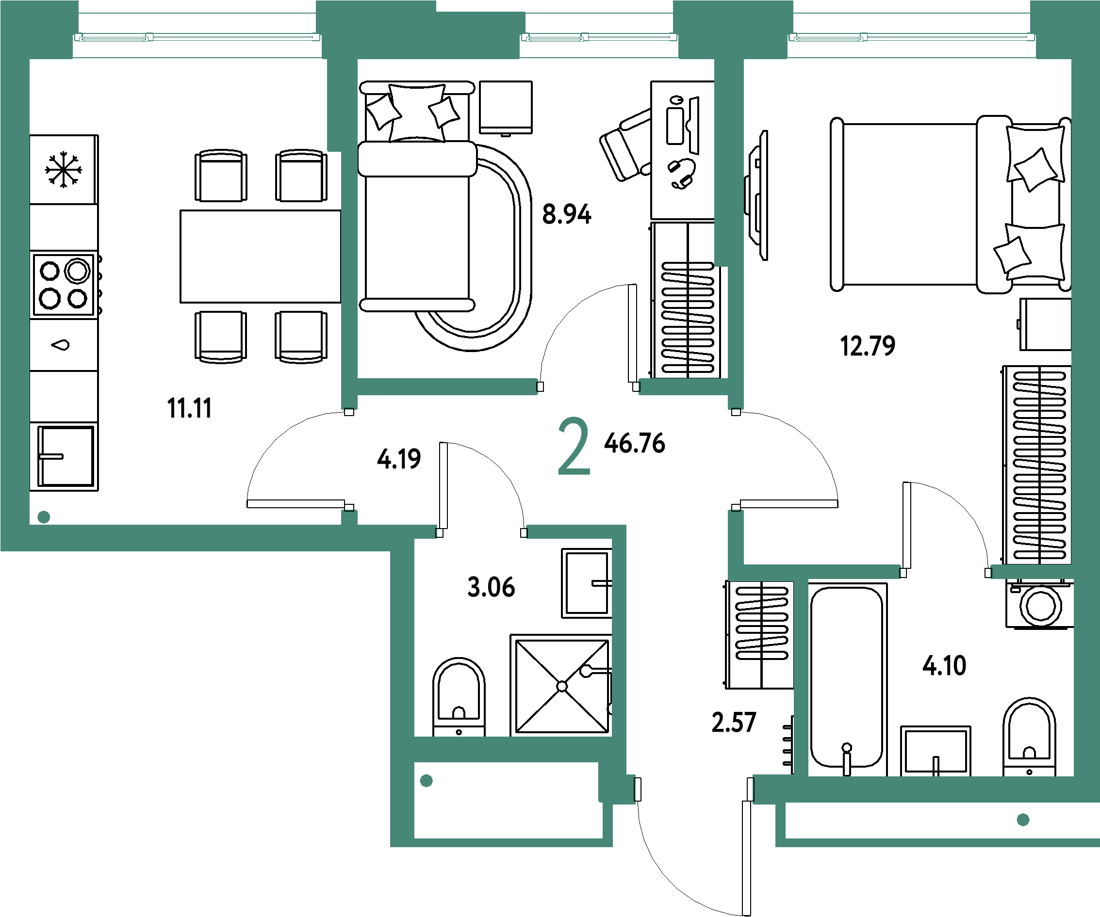 ЖК "Домашний"-2-комнатная 46.76 м²