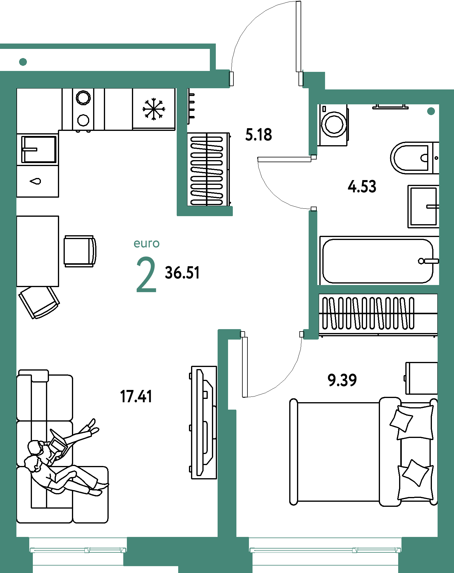 ЖК "Домашний"-2-комнатная 36.51 м²