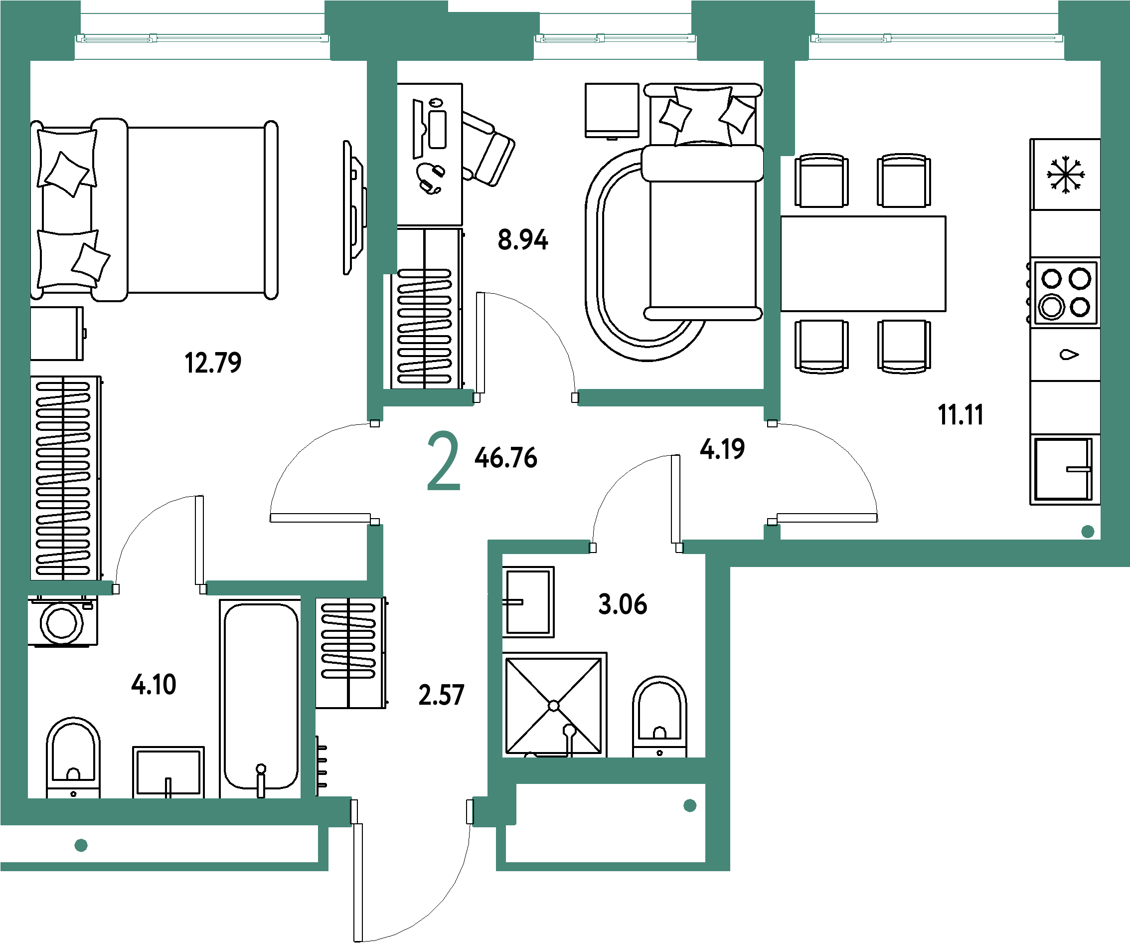 ЖК "Домашний"-2-комнатная 46.76 м²