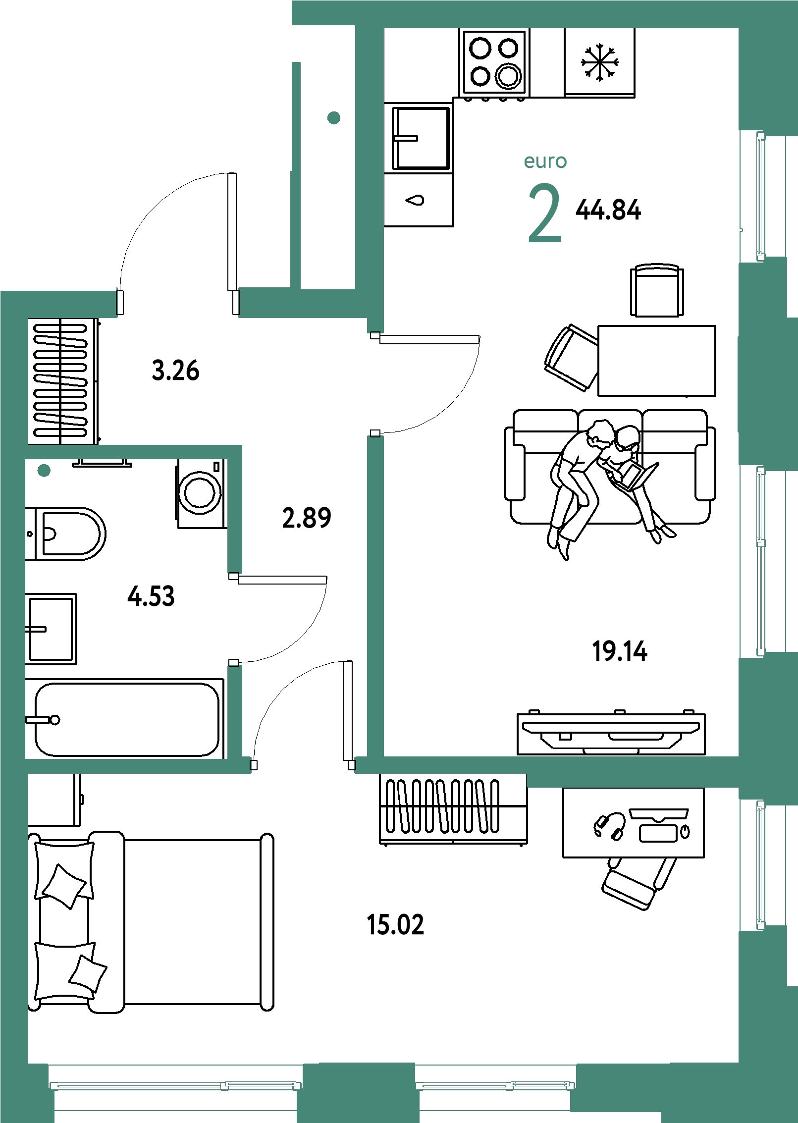 ЖК "Домашний"-2-комнатная 44.84 м²
