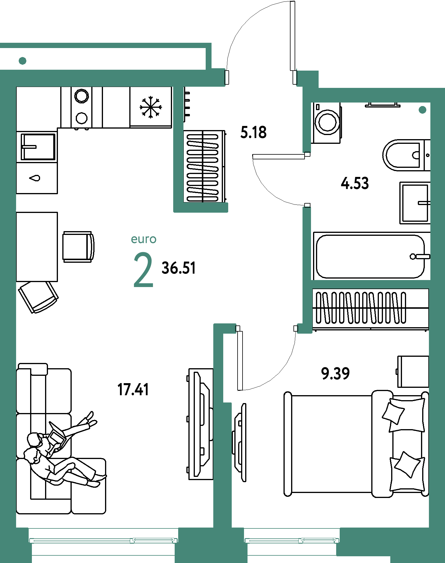 ЖК "Домашний"-2-комнатная 36.51 м²