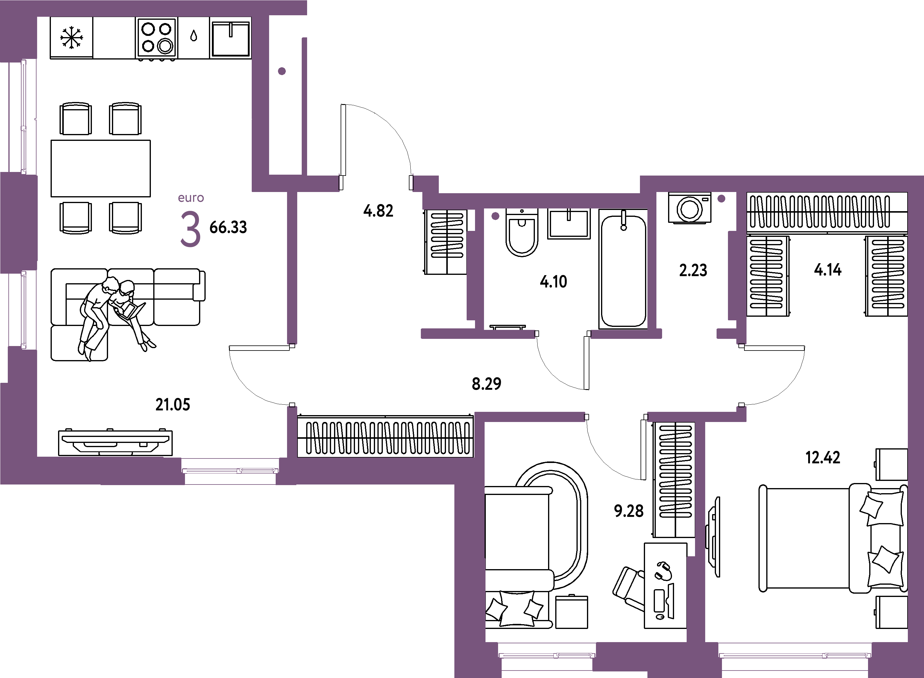 ЖК "Домашний"-3-комнатная 66.33 м²