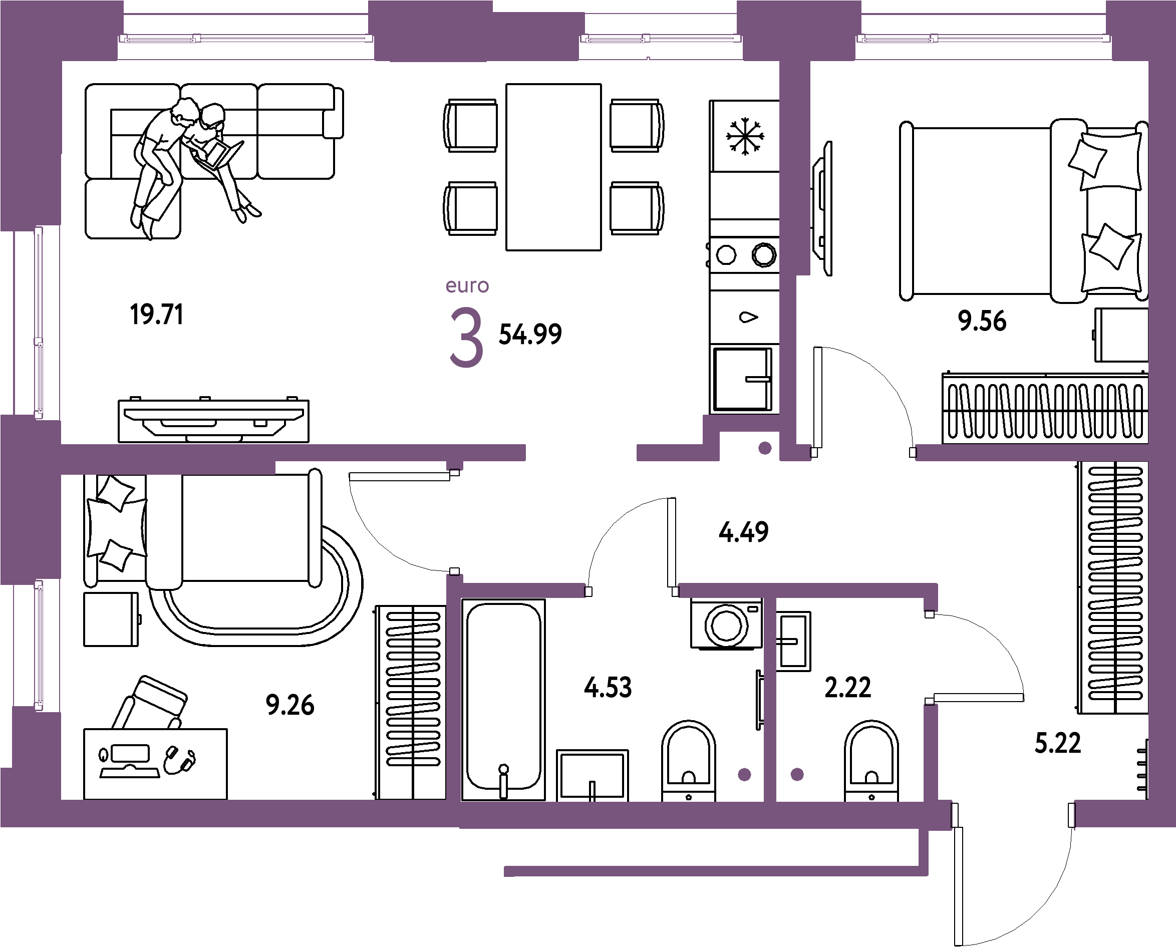 ЖК "Домашний"-3-комнатная 54.99 м²