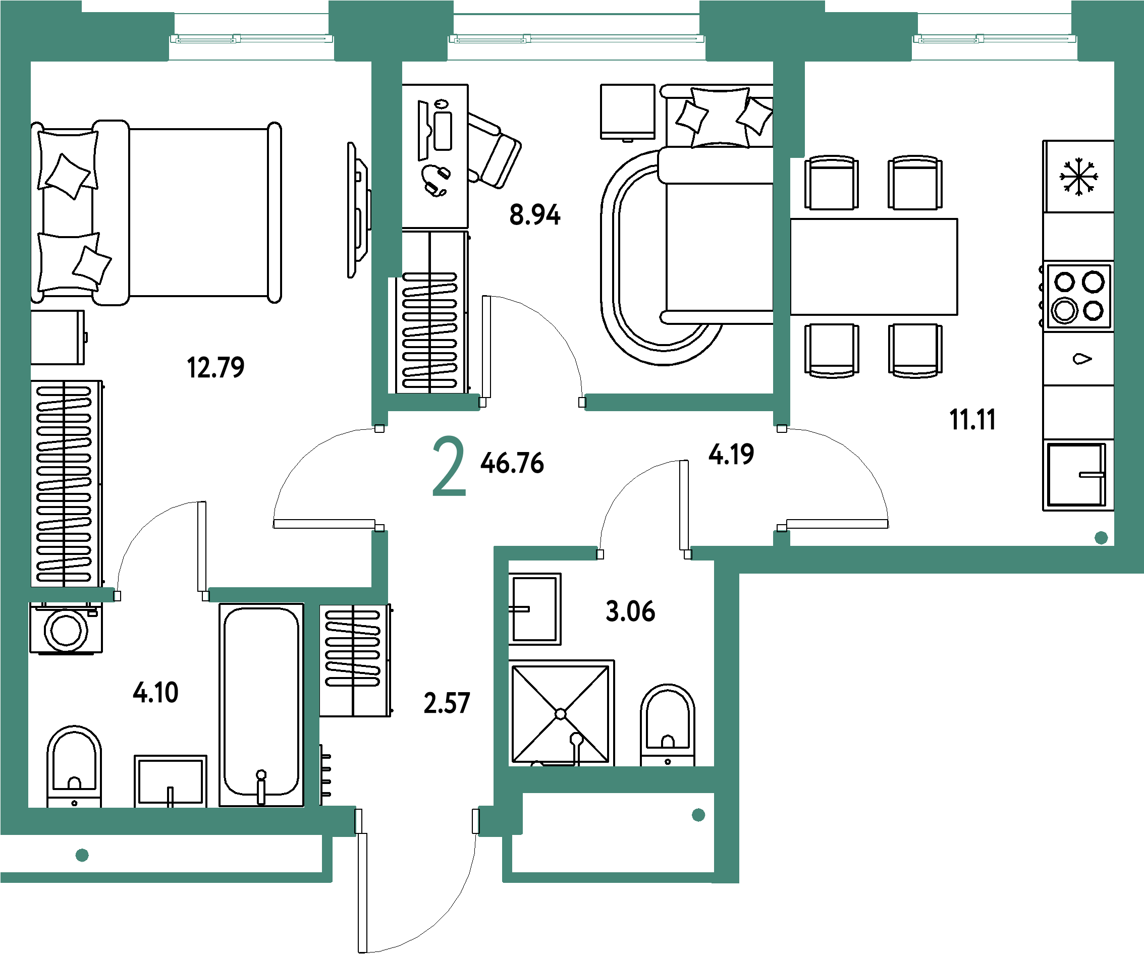 ЖК "Домашний"-2-комнатная 46.76 м²