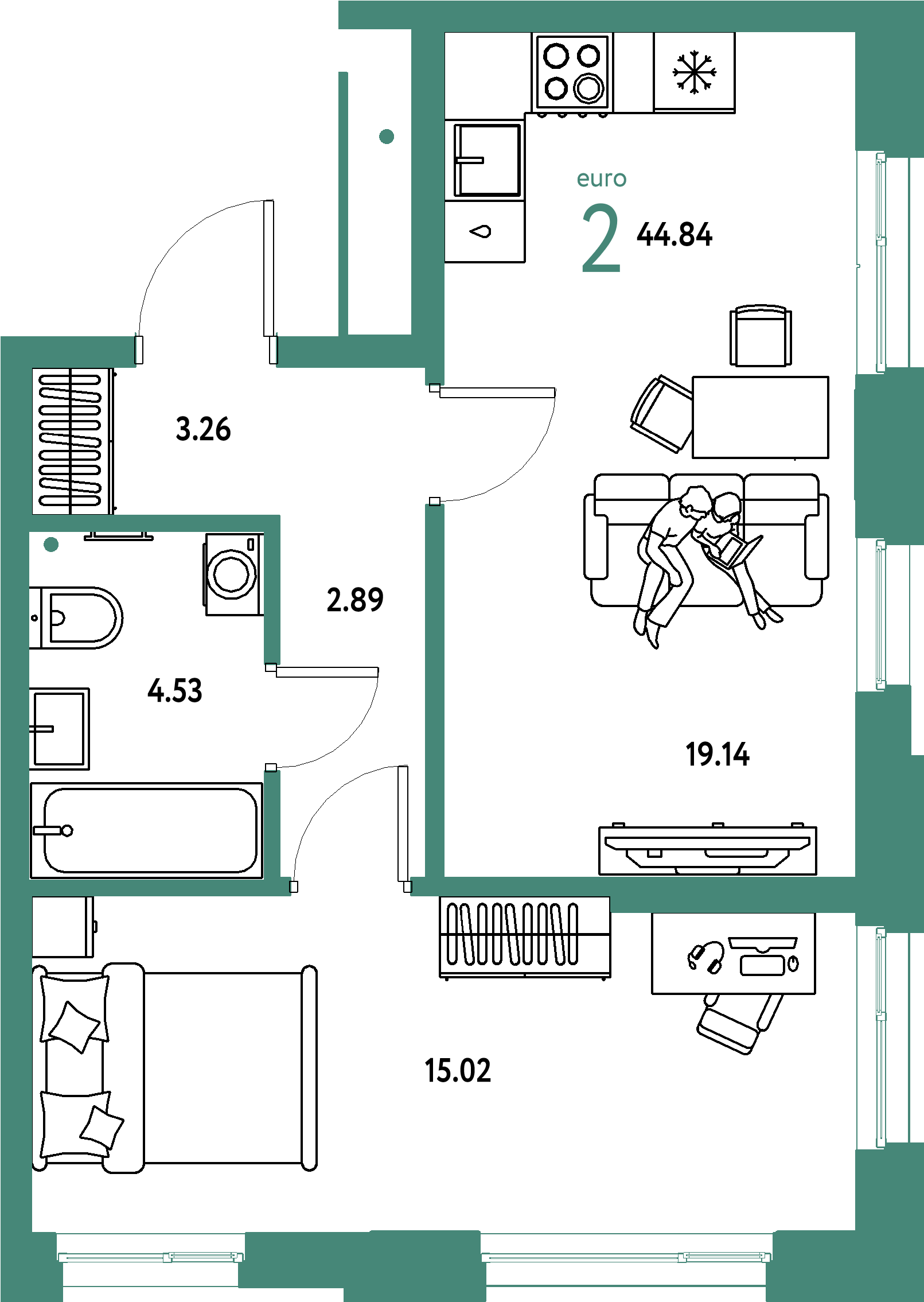 ЖК "Домашний"-2-комнатная 44.84 м²