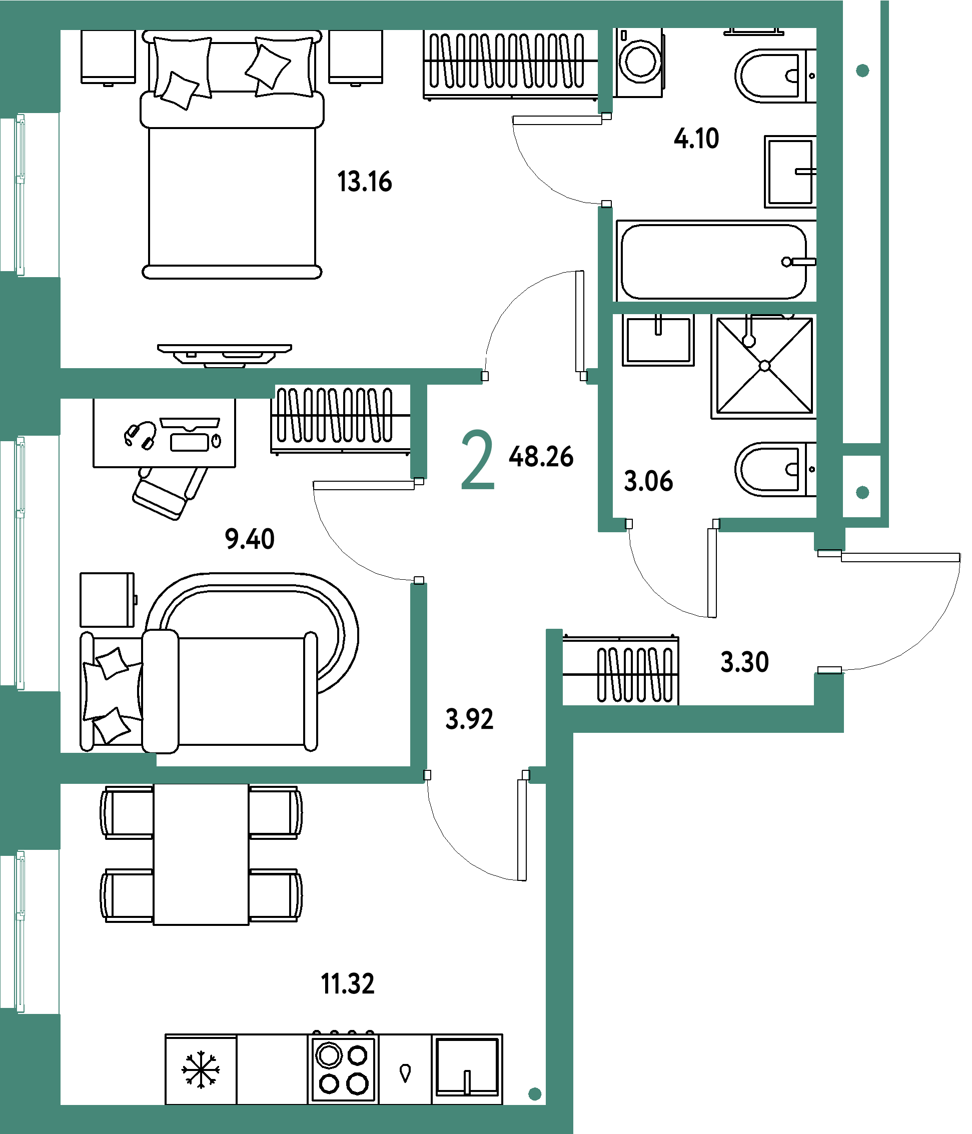 ЖК "Домашний"-2-комнатная 48.26 м²