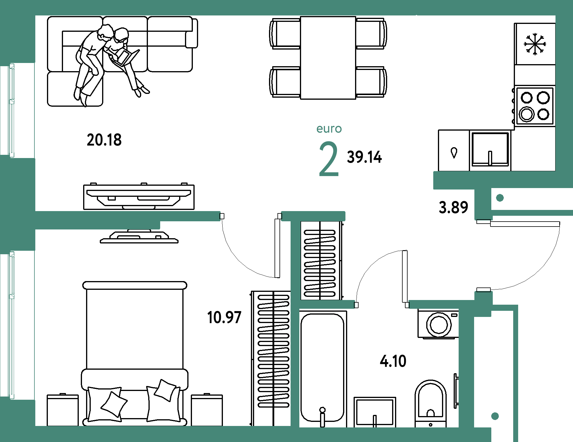 ЖК "Домашний"-2-комнатная 39.14 м²